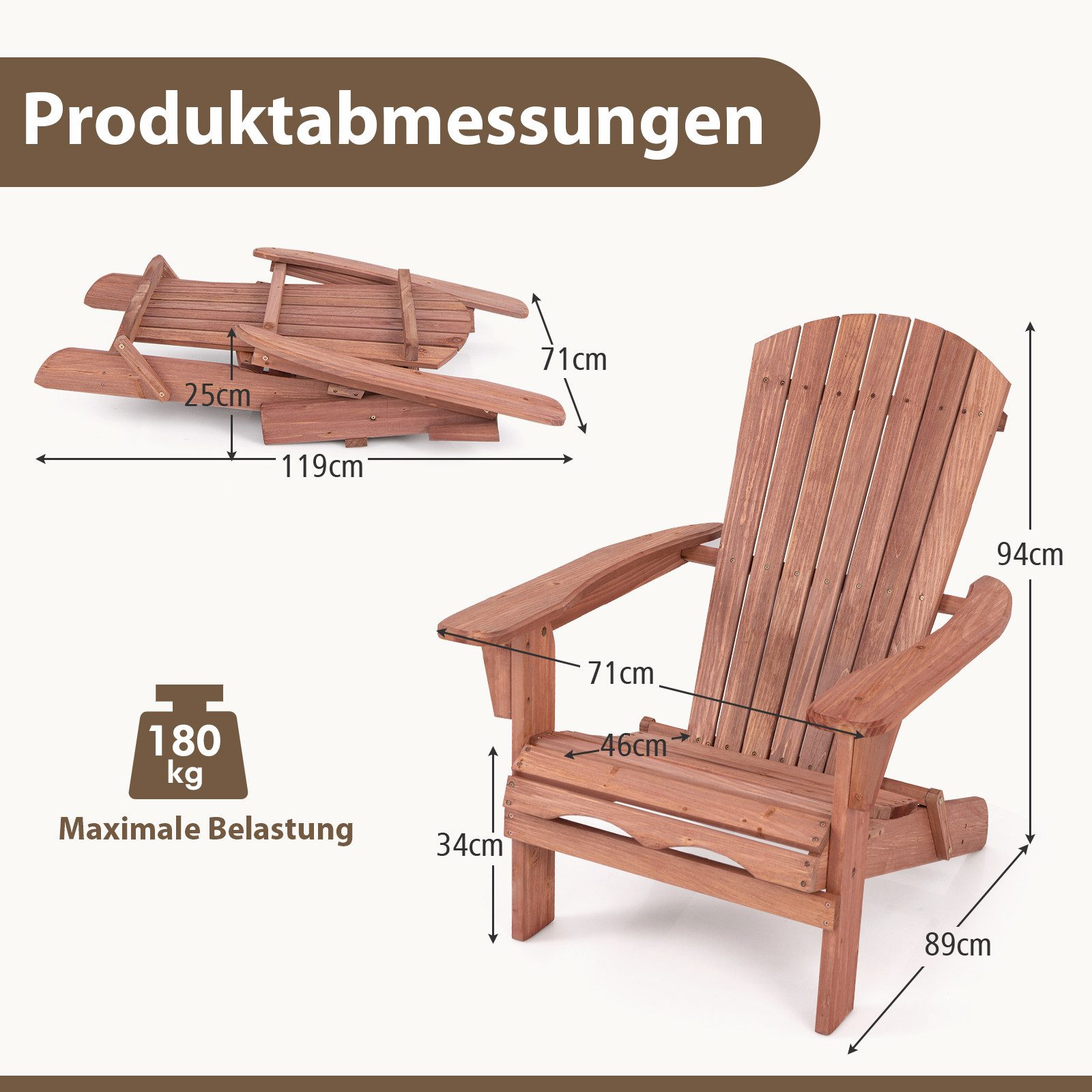 COSTWAY Gartenstuhl (1 St), Adirondack Stuhl klappbar, aus Holz