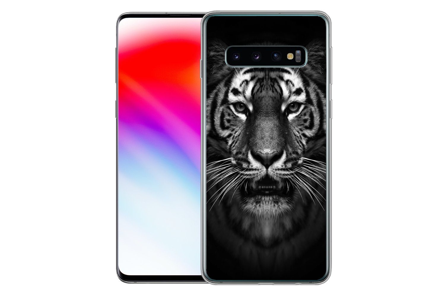 MuchoWow Handyhülle für Samsung Galaxy S10 Tiger - Tiere - Schwarz - Weiß - Porträt - Wild, Phone Case, Silikon, Schutzhülle Dünn