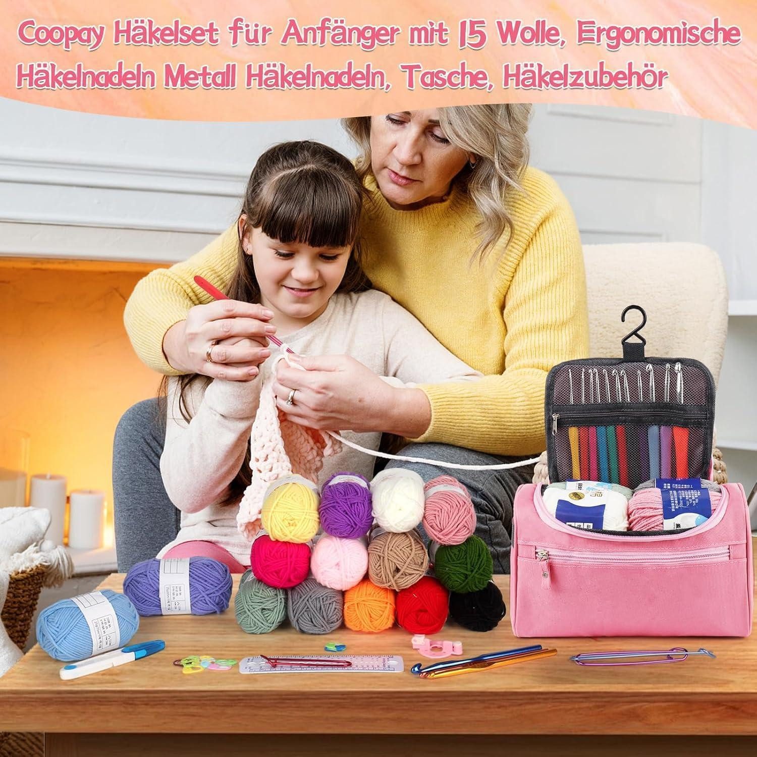 LuxusKollektion Häkelnadeln Häkelset Anfänger Häkelnadelset 15 Wolle Tasche Zubehör Rosa