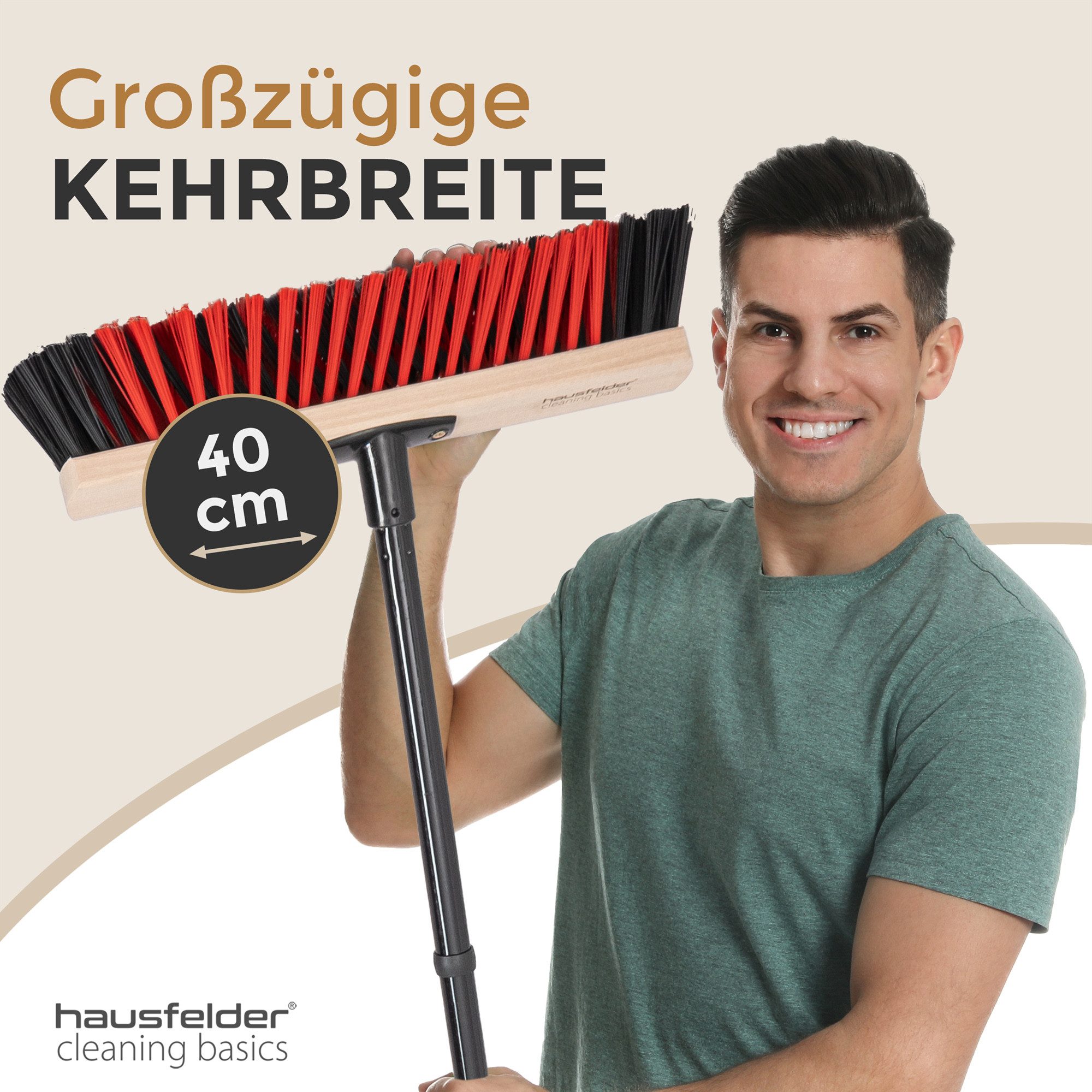 Hausfelder Straßenbesen Gartenbesen 40 cm breit mit Stiel, Terrasse, Garten, Straße, Einfahrt, (Kehrbesen mit vierteiligem Metallstiel, Besen), Besen für draußen