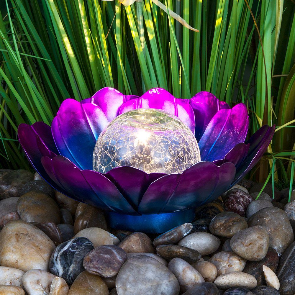 fest Solarlampe etc-shop Warmweiß, Lotusblüte Glas wetterfest Gartenleuchte blau Crackle verbaut, LED-Leuchtmittel Dekolicht, lila LED