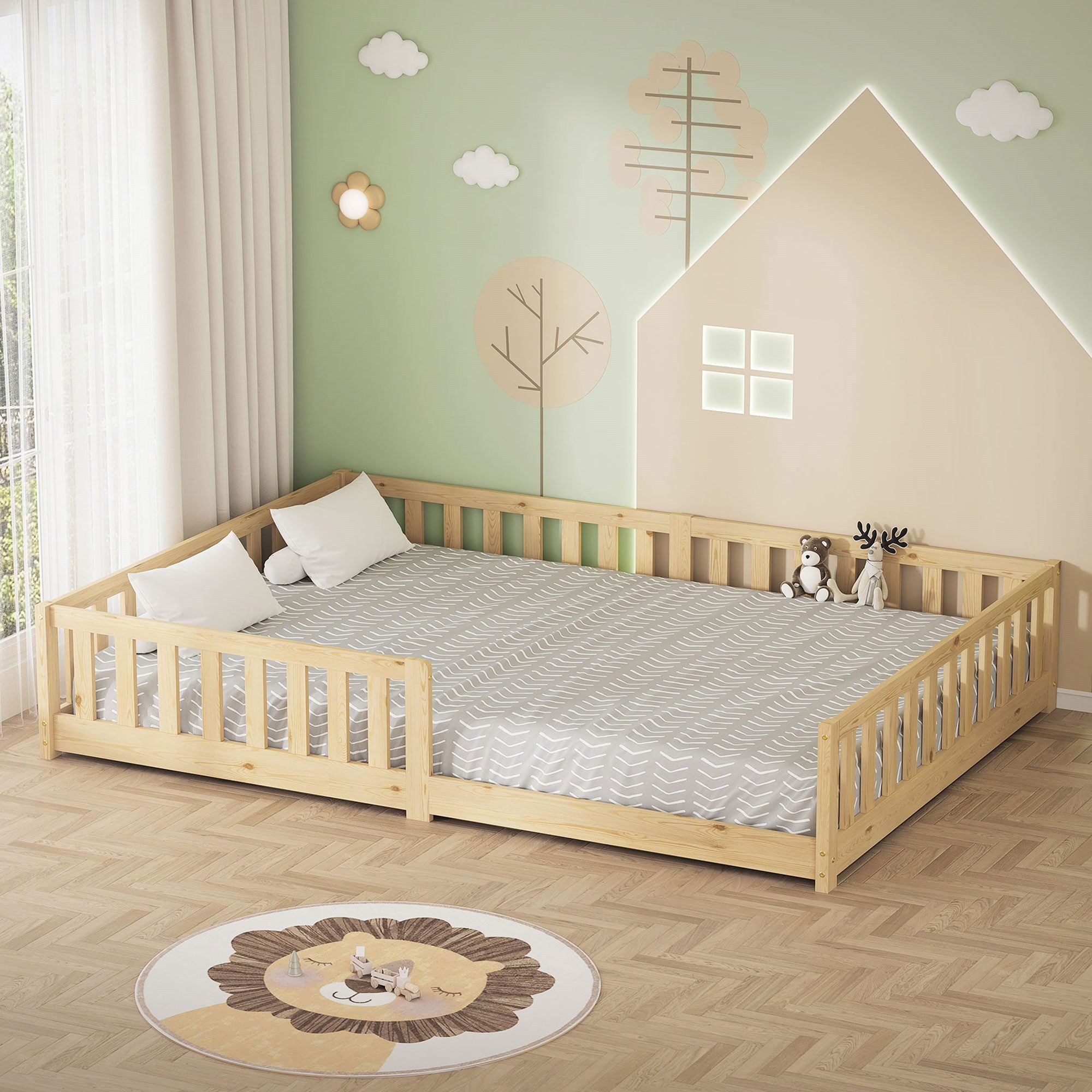 ML-DESIGN Spielbett Bodenbett Holzbett mit Lattenrost & Rausfallschutz Jugendbett Babybett, Abenteuerbett 140x200cm Natur Kinderbett Bettgestell ohne Matratze