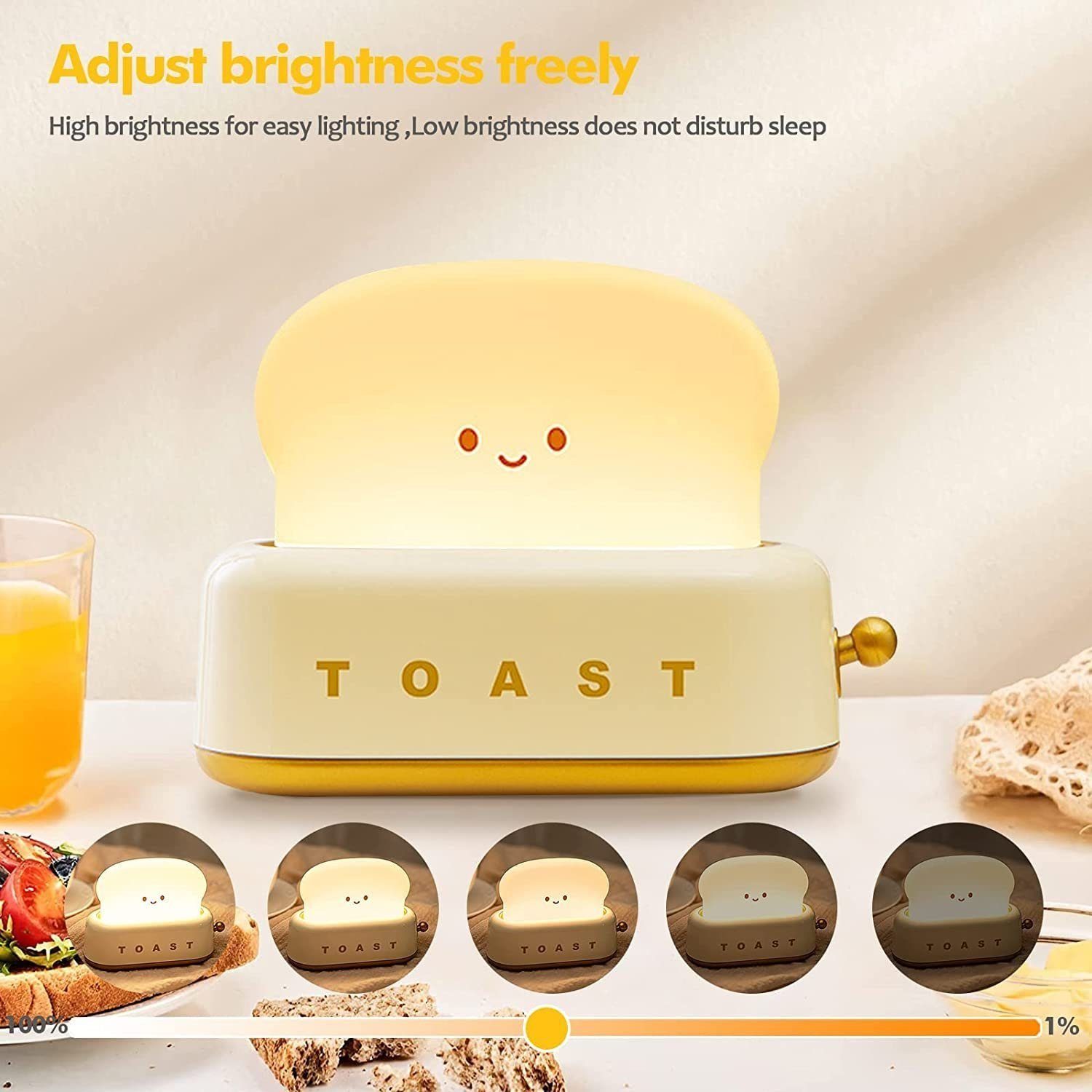 Toaster-Nachtlicht, tragbar,Brotlampe Toast-Lampe, süßes dimmbar, Gelb Nachtlicht Gontence wiederaufladbar, Kinder-Nachtlicht, USB, Kinder LED Timer mit für
