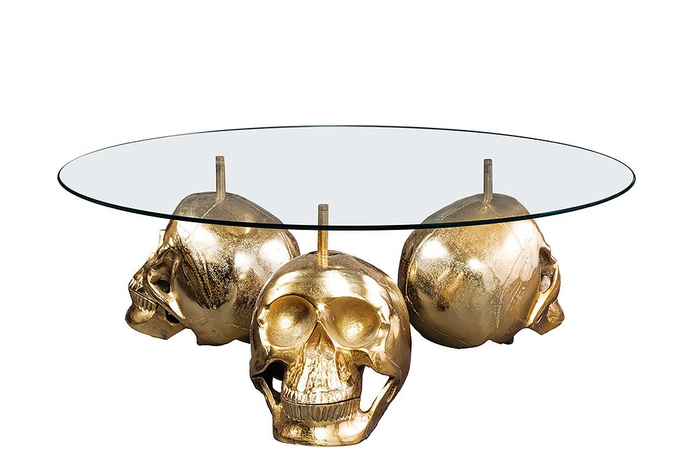 riess-ambiente Couchtisch SKULL XXL 90cm gold Glas rund – Totenkopfgestell, Metall handmade (Einzelartikel, 1-St), Statement Piece, Modern Design, Dekoration, für Wohnzimmer