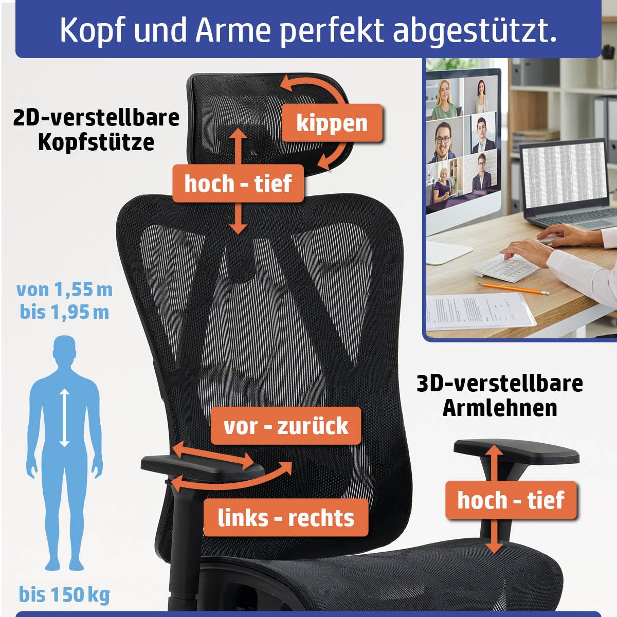 AMBINESS Bürostuhl Schreibtischstuhl, verstellbare Armlehnen & Kopfteil, 6 Modelle (Ergonomisch, stufenlos verstellbare Lendenstütze), inkl. 2 Rollensets, bis 150kg
