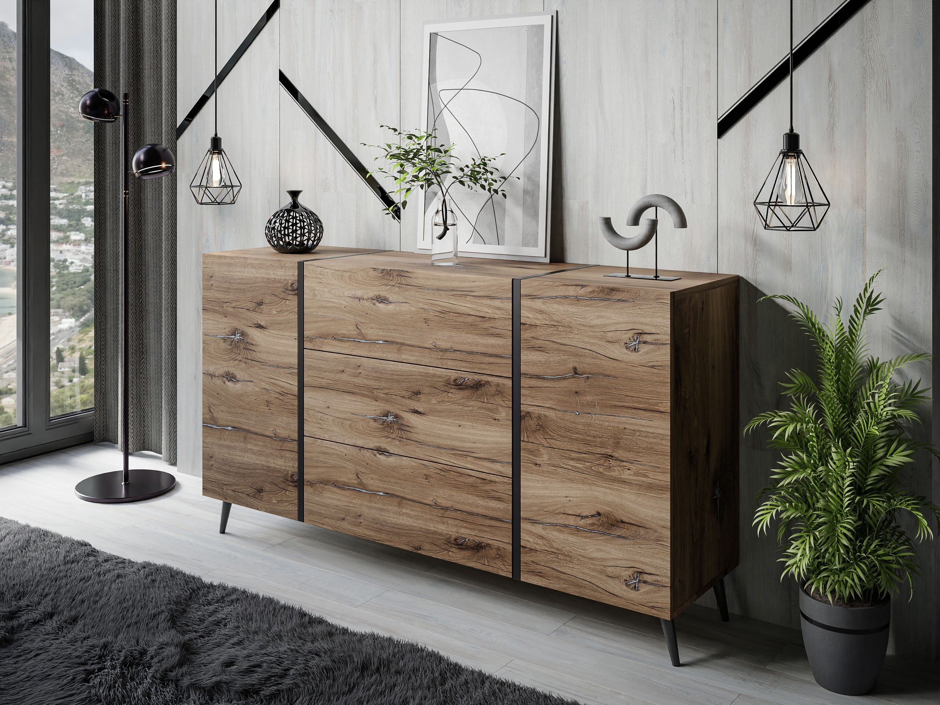 ALLHOUSE24 Wohnzimmer-Set Flagstaff Eiche LOFT Kommode günstig online kaufen
