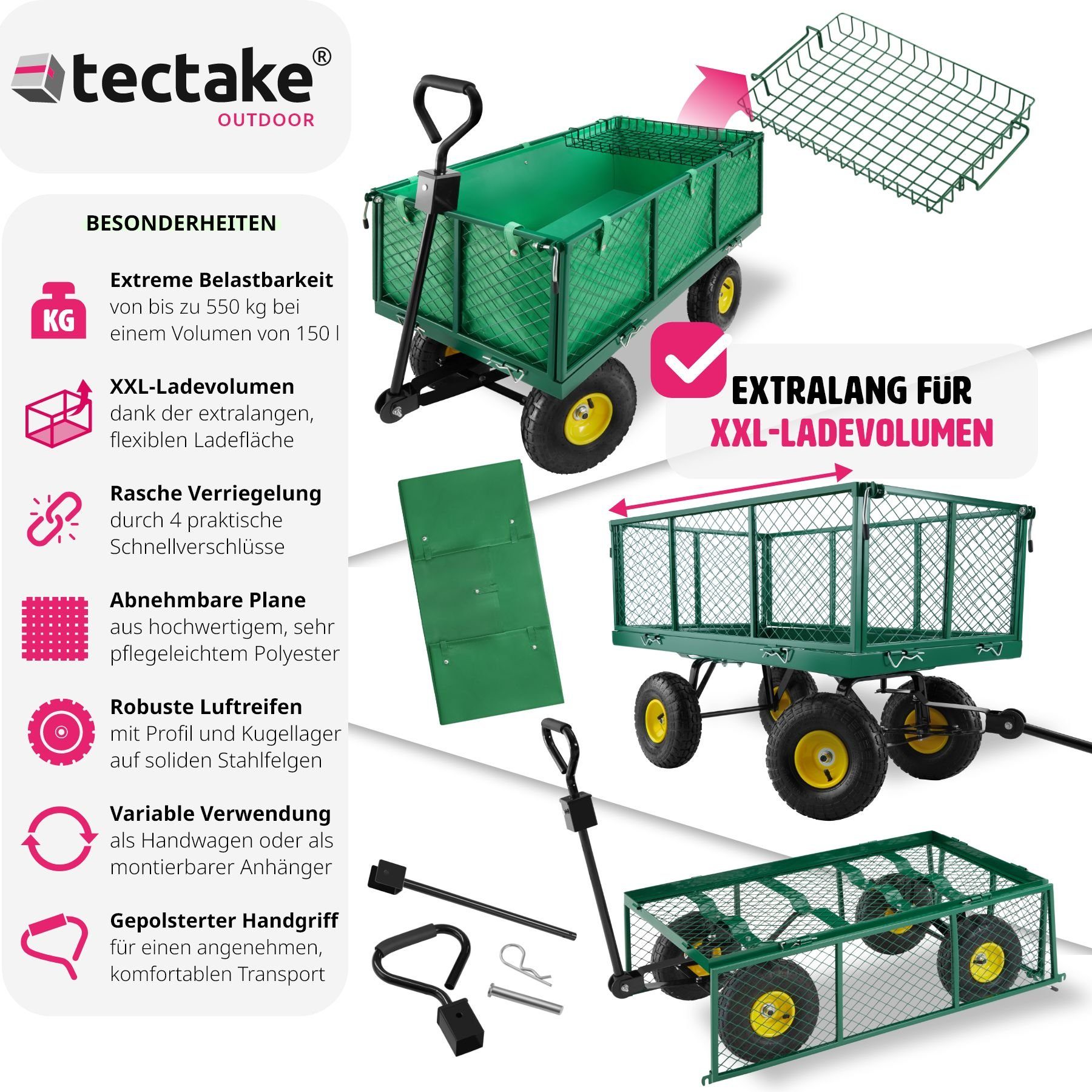 tectake Bollerwagen Bollerwagen mit max. Ablage Überdachung 550kg