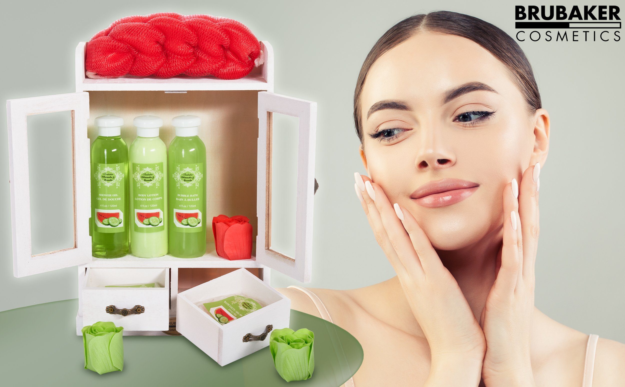 BRUBAKER Pflege-Geschenkset 2 in 1 Pflegeset Wassermelone & Aloe Vera - Wellness Set, 15-tlg., Damen Dusch- und Badeset - Frauen Beauty Geschenkset mit Dekoration