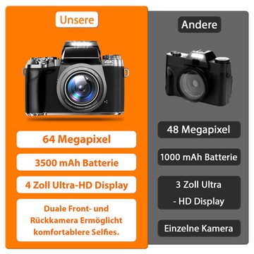 Fine Life Pro Digitalkamera 4K Autofokus 64MP 16X Digitalzoom Kompaktkamera (WLAN (Wi-Fi), inkl. Touchscreen Fotokamera mit Haube, Kompaktkamera mit WiFi Funktion, Vlog Kamera für Senioren Anfänger(Schwarz)