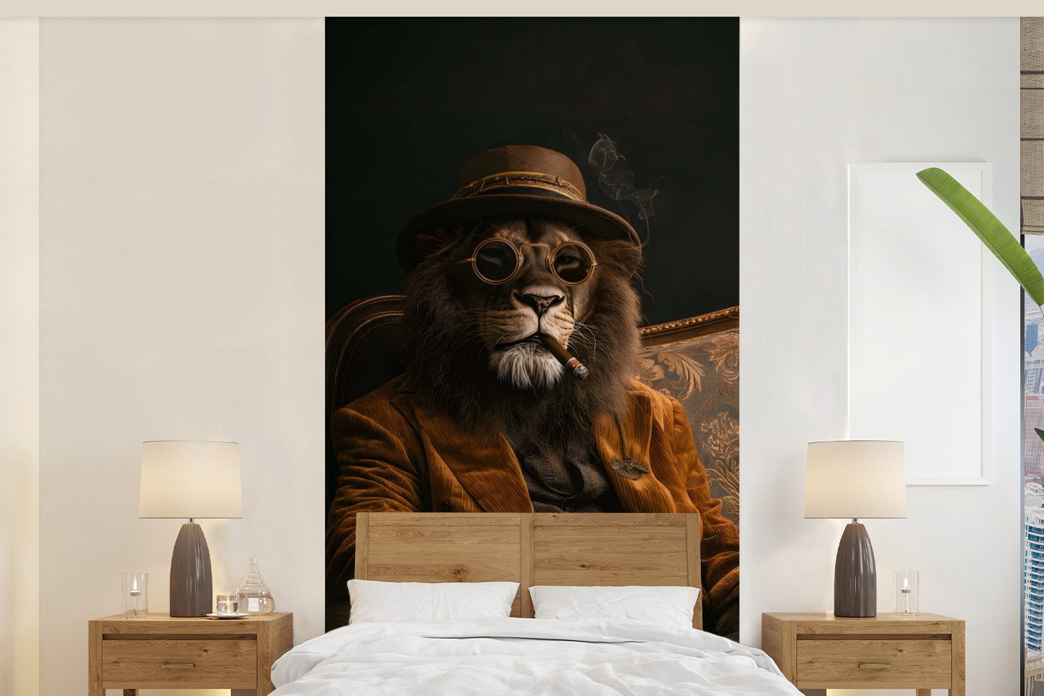 MuchoWow Fototapete Brille - Löwe - Bank - Hut, Matt, bedruckt, Vliestapete für Wohnzimmer Schlafzimmer Küche, Fototapete, 120x240 cm