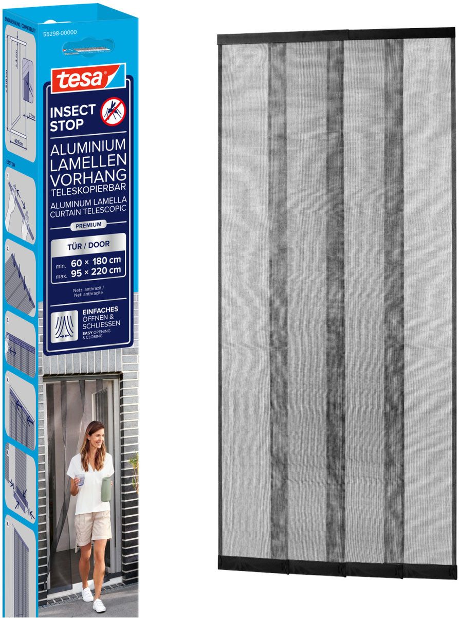 tesa Insektenschutz-Tür Aluminium Lamellen Vorhang Premium - einfache Montage ohne Bohren, (Packung, 1-St., Alu Lamellentür teleskopierbar, selbstklebendes Premium-Klettband), INSECT STOP Insektenvorhang 95 x 220 cm