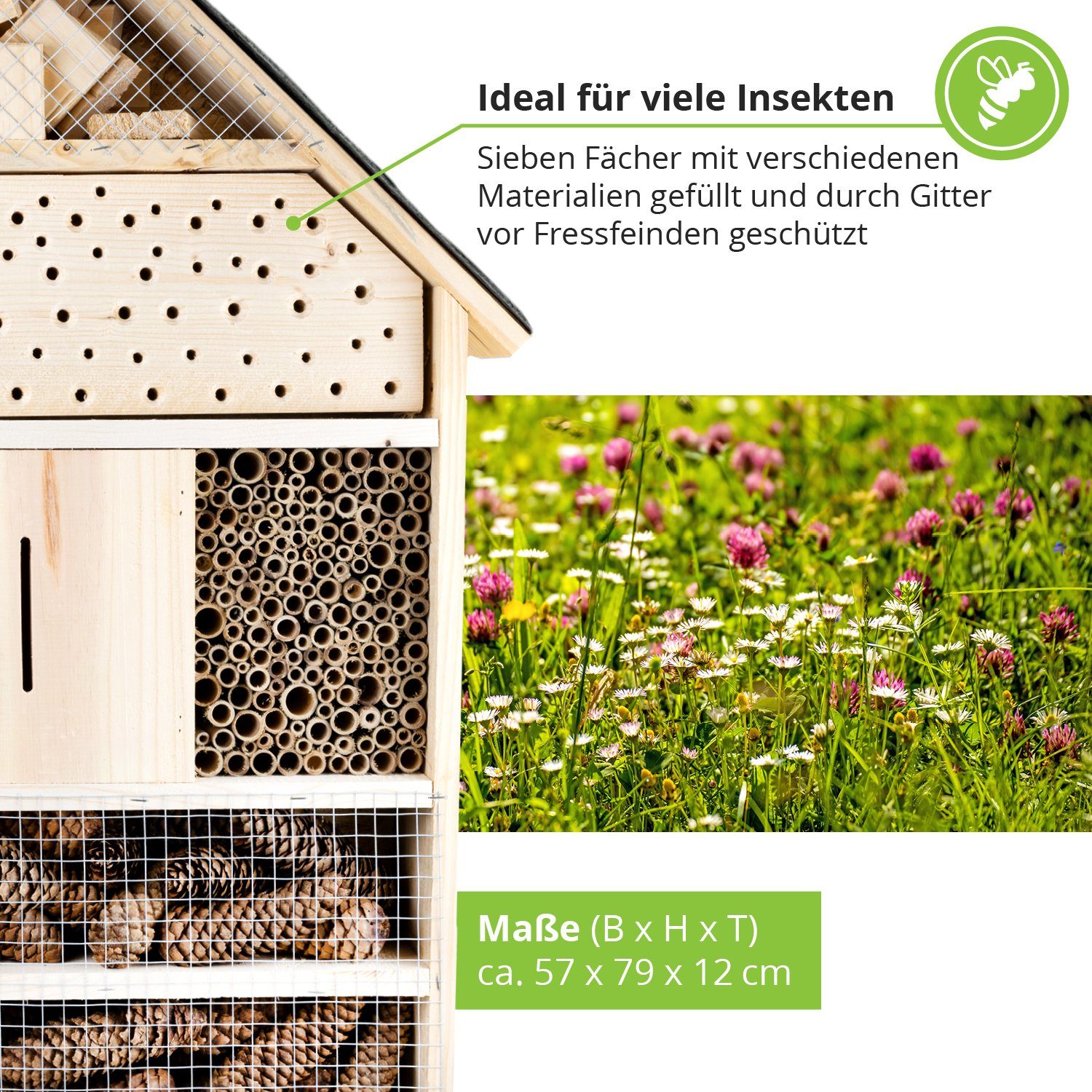 gartenetage Insektenhotel XXL mit Schieferdach/ Naturbelassenes, massives Bienenhotel, Insektenhotel zum Aufstellen, witterungsbeständig/ Schmetterlingshaus