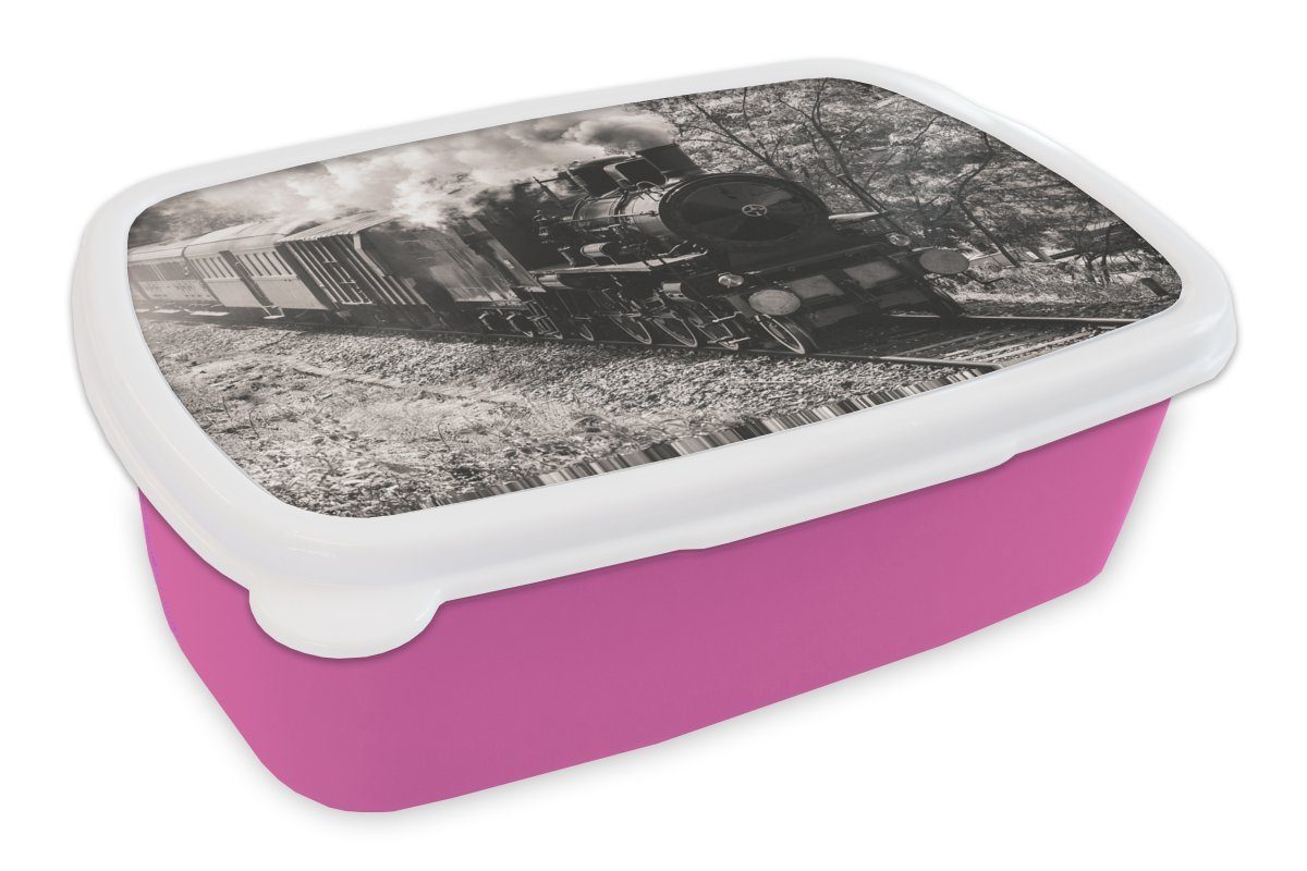 MuchoWow Lunchbox Schwarz-Weiß-Foto einer Dampflokomotive inmitten der Wiesen, Kunststoff, (2-tlg), Brotbox für Erwachsene, Brotdose Kinder, Snackbox, Mädchen, Kunststoff rosa