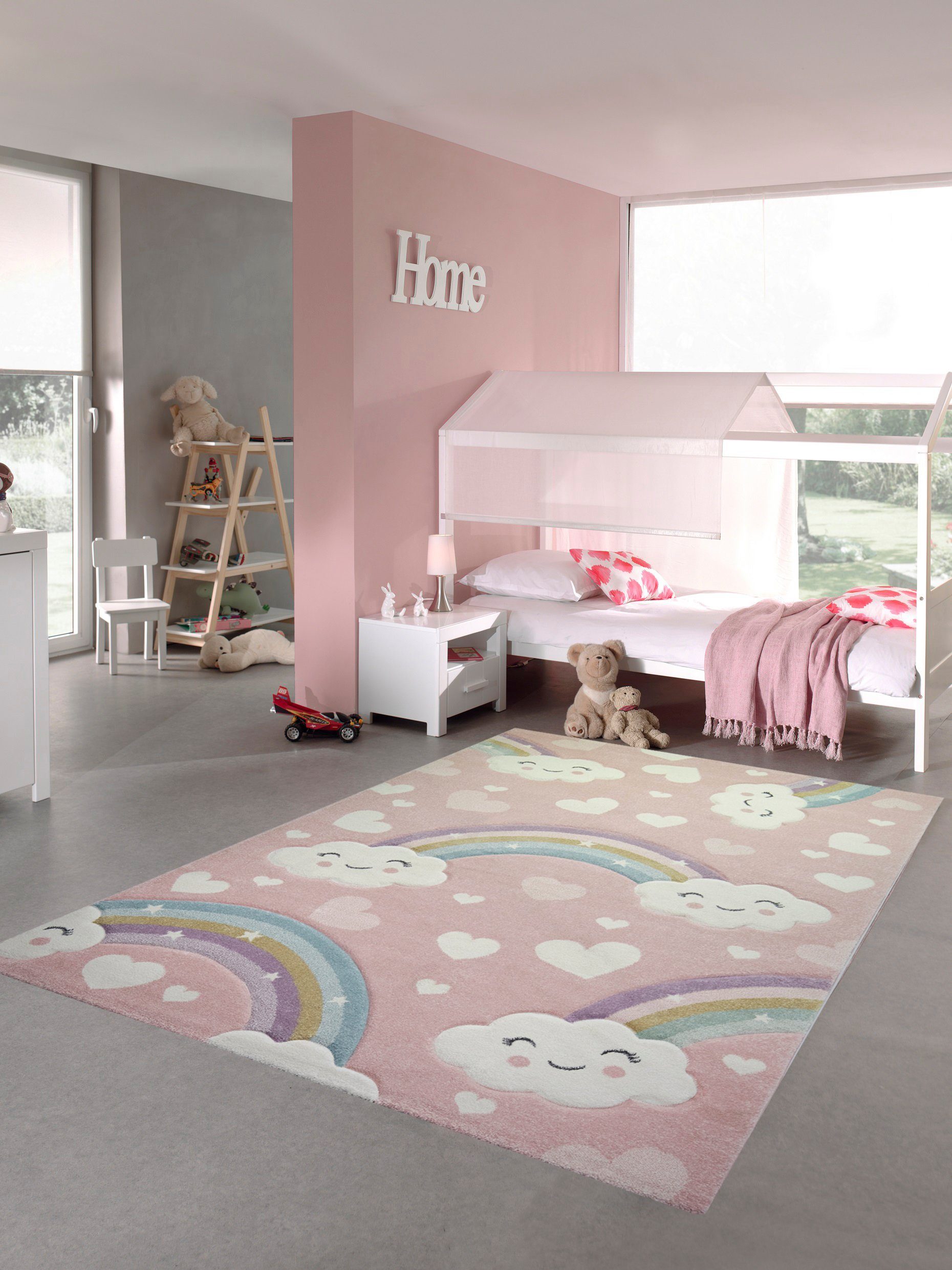 Kinderteppich Kinderteppich Kinderzimmerteppich Regenbogen mit Wolken und Herzen in rosa, Teppich-Traum, rechteckig, Höhe: 13 mm