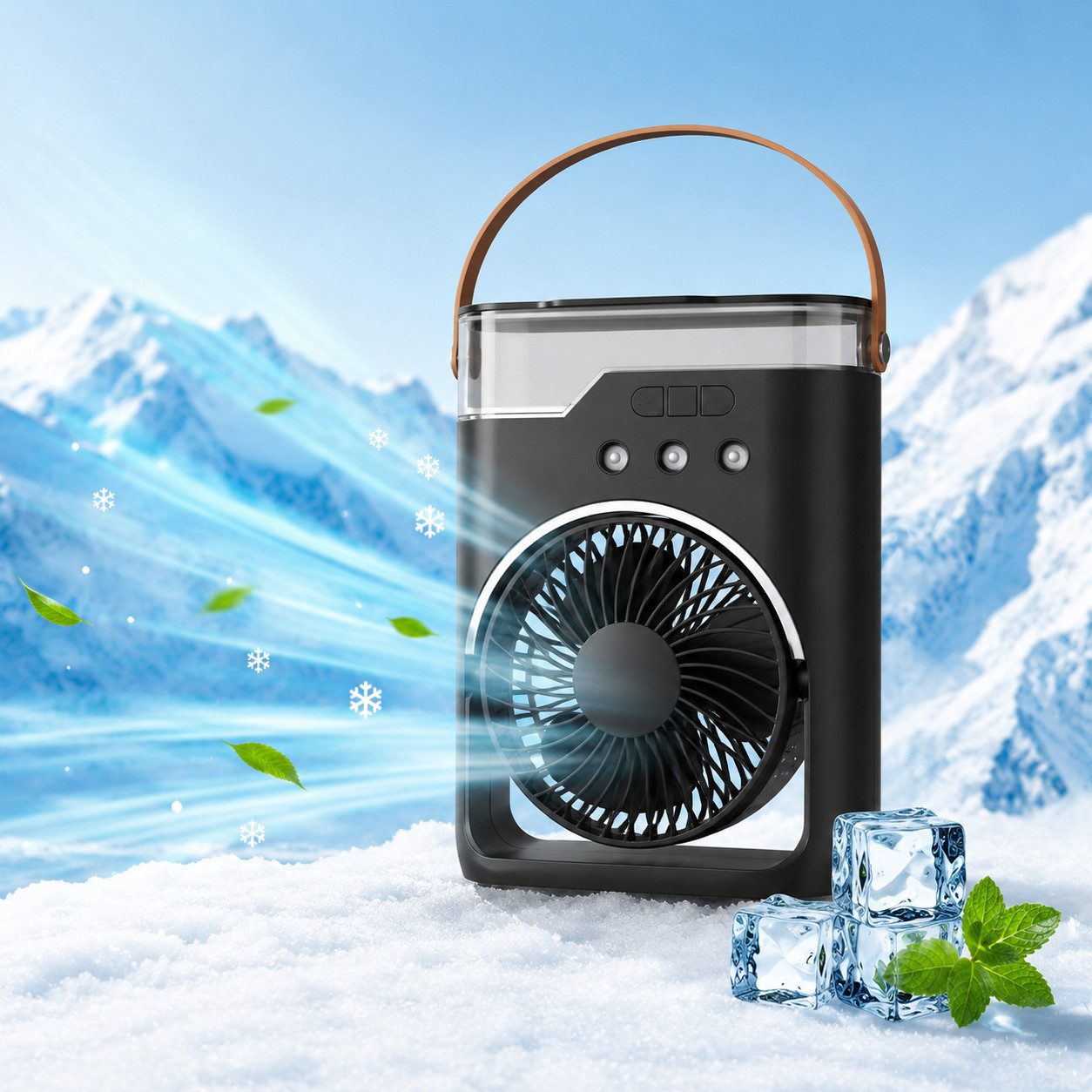 MOPUEA Ventilatorkombigerät Tischventilator mit Sprühnebel 5 Stufen 7 LED-Farben mobil leise, Leise unter 35 dB 5 Windstufen Sprühnebel Akku und 7 LED-Farben mobil.