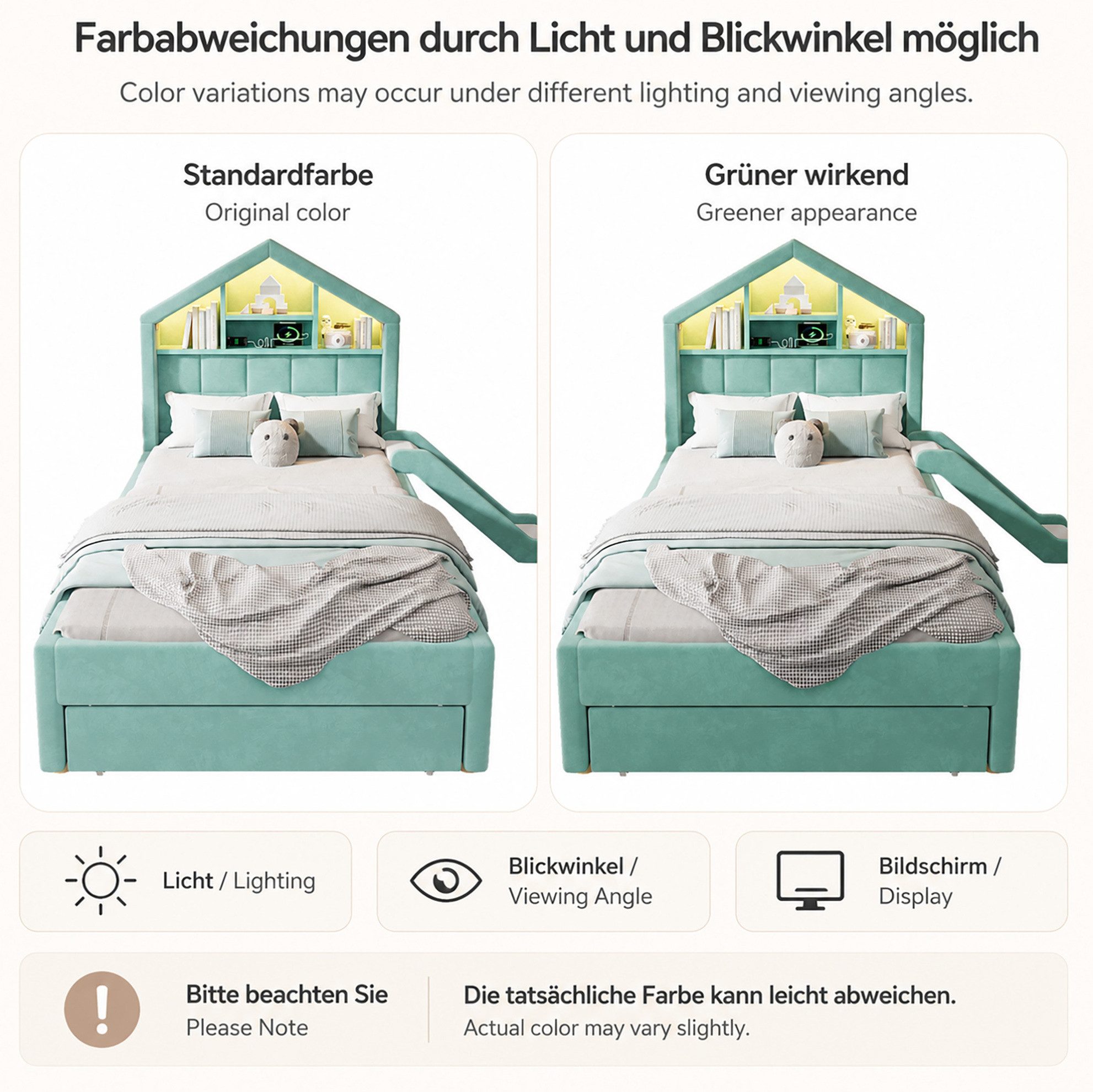 REDOM Kinderbett Polsterbett mit Rutsche und Stauraum, Funktionsbett (Stauraumbett 90x200 cm mit LED-Licht, Ladeanschluss, praktischem Regal am Kopfteil und geräumigem Bettkasten, Funktionsbett Jugendbett), Inklusive Matratze
