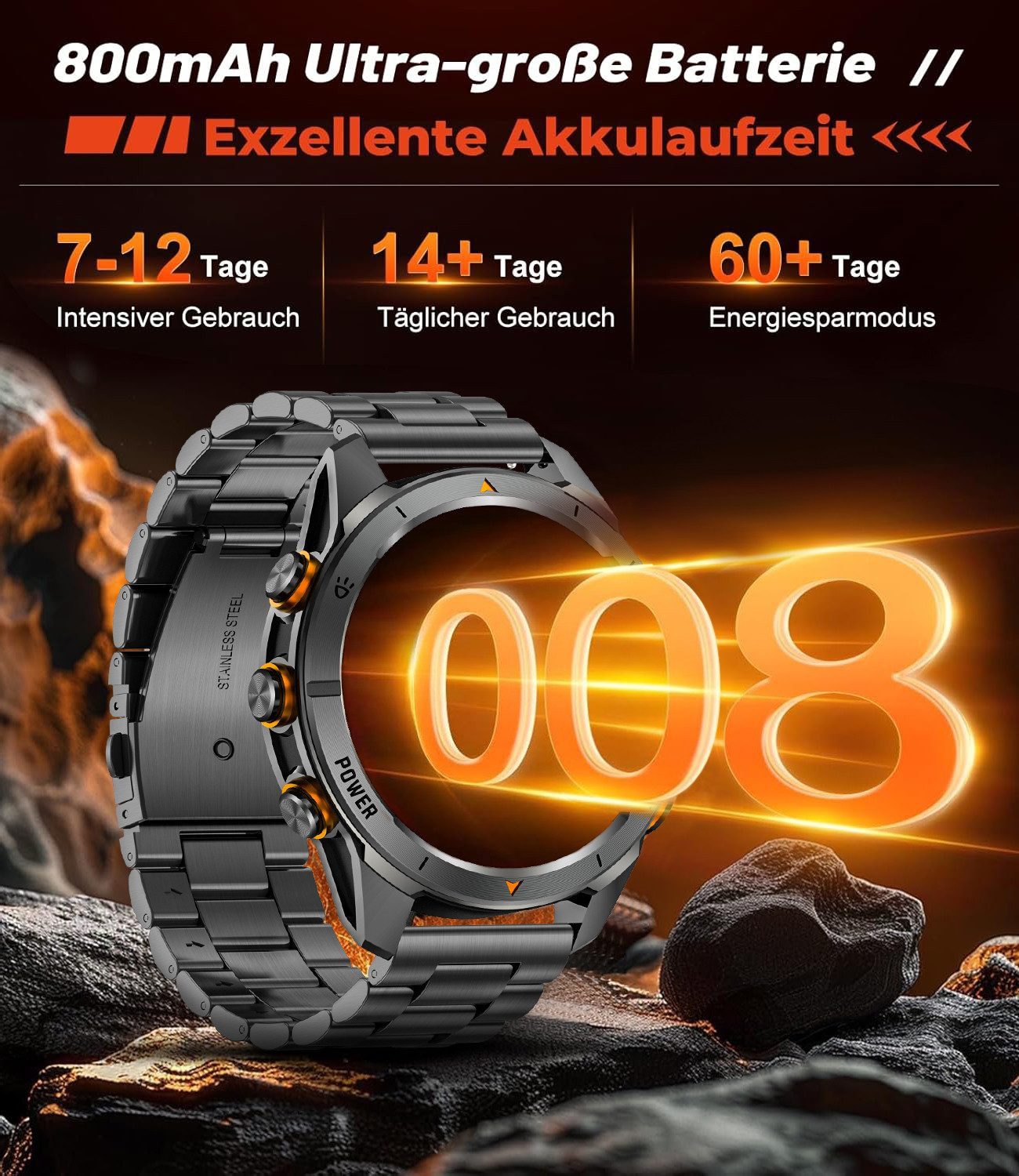 SWGOTA Smartwatch Herren Militär mit 800mAh großer Akku 1,46" AMOLED-Display Smartwatch, Fitnesstracker mit 100+ Sportmodi/Herzfrequenz/Blutdruck/SpO2, Fitnessuhr Herren für Android iOS mit Schlafüberwachung