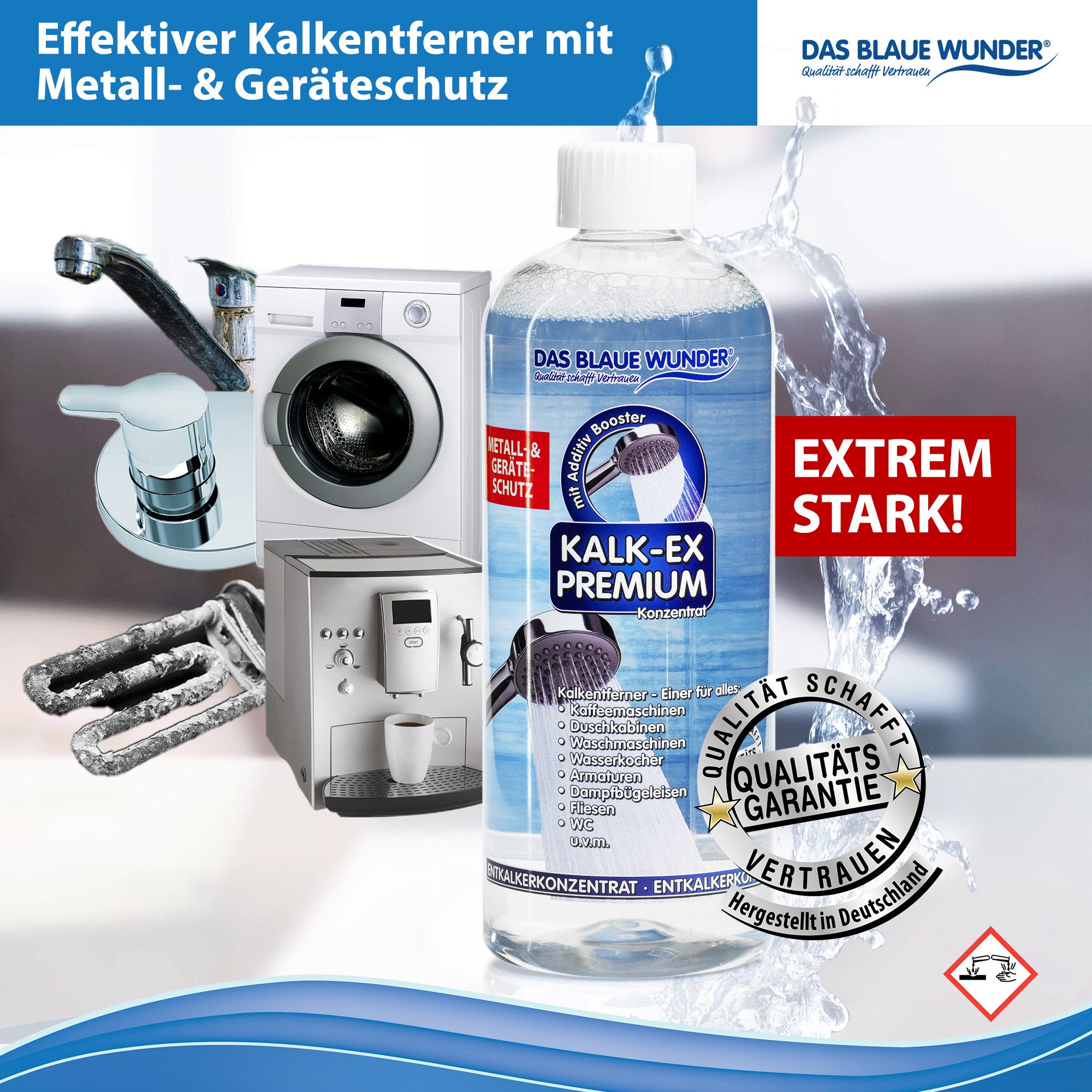 Das Blaue Wunder® Kalk-Ex Premium Konzentrat Metall- und Geräteschutz Entkalker (mit Additiv Booster, [- 750 ml Konzentrat)