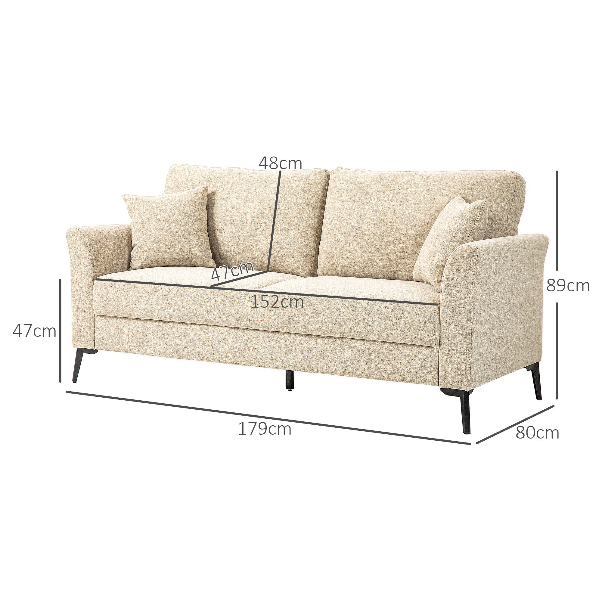 HOMCOM 2-Sitzer mit Leinenoptik, Metallbeine, gepolsterter, Doppelsofa 1 Teile, für Wohnzimmer, Schlafzimmer, 117 x 80 x 89 cm, Beige