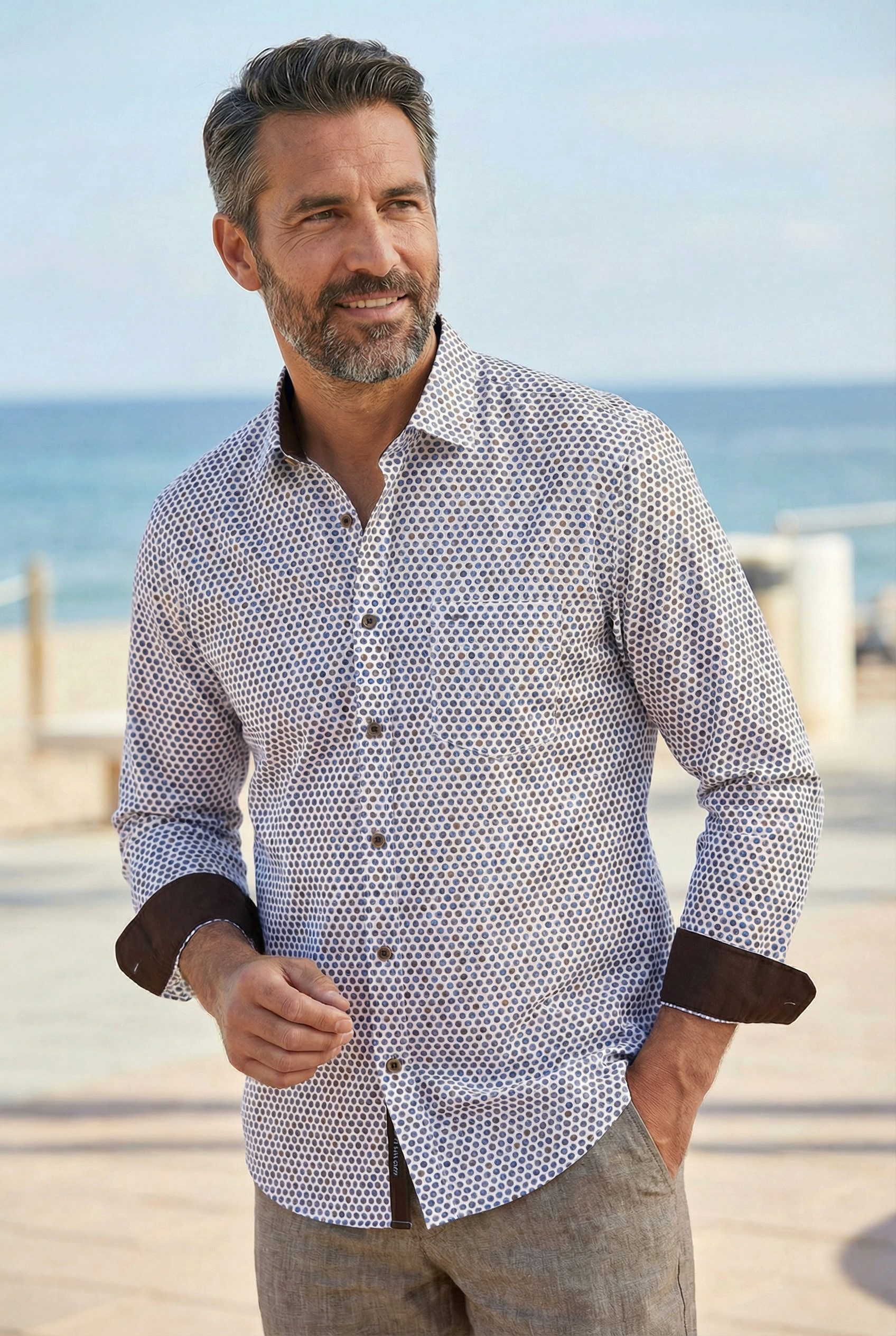 Haupt Langarmhemd Modern Fit Langarm Herrenhemd Allover-Punktmuster Weiß Style Frühling