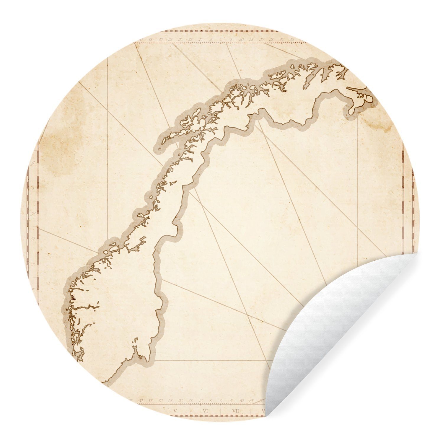 MuchoWow Wandsticker Illustration einer antiken Karte von Norwegen (1 St), Tapetenkreis für Kinderzimmer, Tapetenaufkleber, Rund, Wohnzimmer