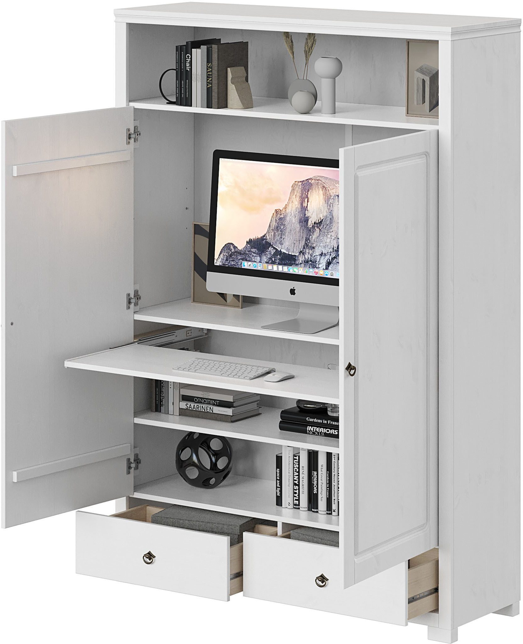 OTTO home Wäscheschrank Gotland! Home Office Schrank, Mehrzweckschrank, Büroschrank (H/B/T ca. 180/125/40cm) mit Ausziehregal, Schublade, stabil + langlebig, Massivholz made in EU