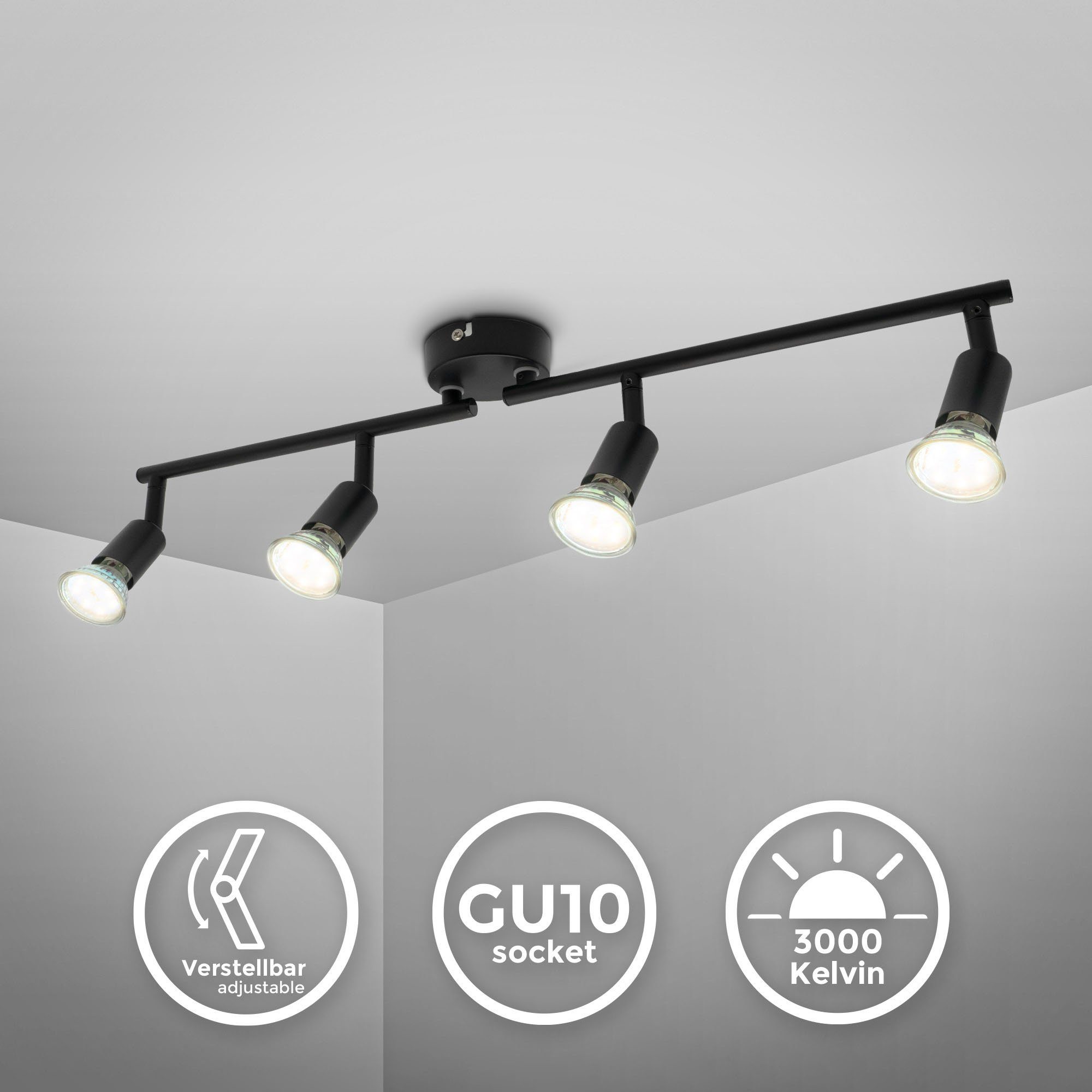 Schwarz, 4-Flammig, Warmweiß, Inkl. BK_DS1546 4x 2,9 wechselbar, LED Watt GU10 Deckenleuchte, 4x GU10, Leuchtmittel, Deckenspot 3000K Schwenkbar, Inkl. LED Licht, B.K.Licht 260 Warmweißes Lm