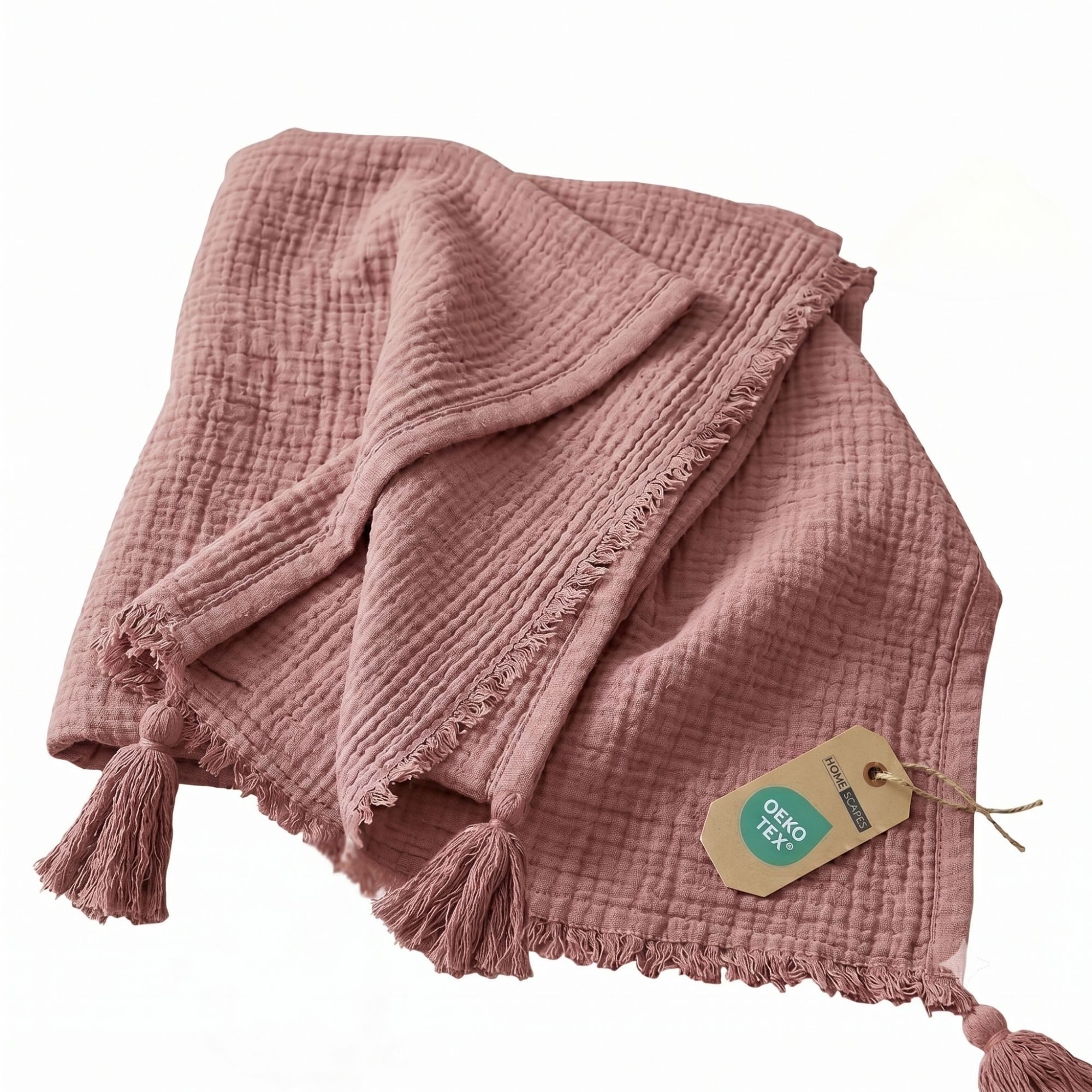 Plaid Musselin-Decke rosa mit Quasten, 127 x 180 cm – 100 % Baumwolle, Homescapes