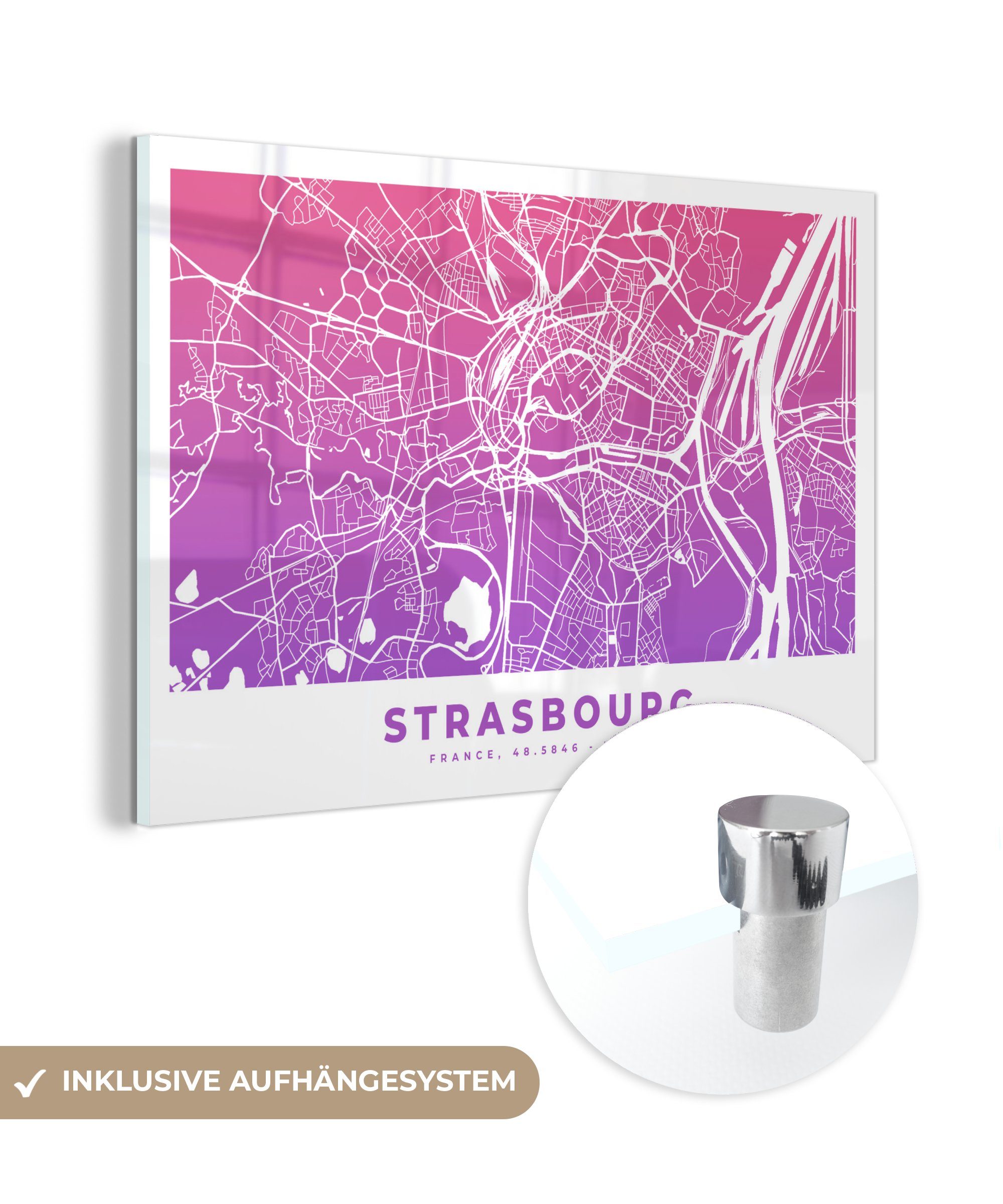 MuchoWow Acrylglasbild St), Frankreich Acrylglasbilder - - Strasbourg & Schlafzimmer Wohnzimmer Stadtplan, (1