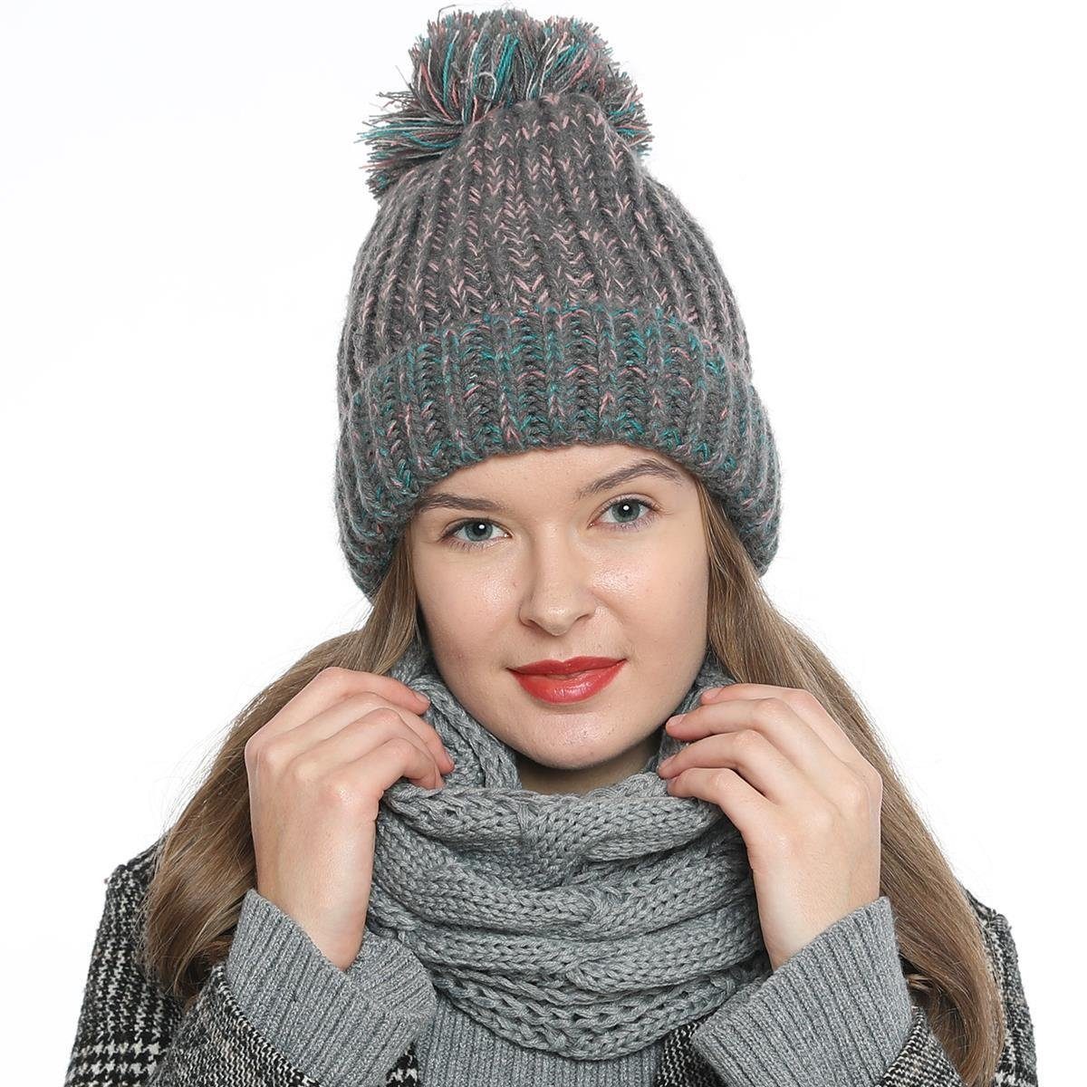 DonDon Beanie Damen Bommelmütze Strickmütze gefüttert warm (Packung, 1-St) Wintermütze, mit Bommel, Grobstrick in tollen Farben grau-rosa-türkis