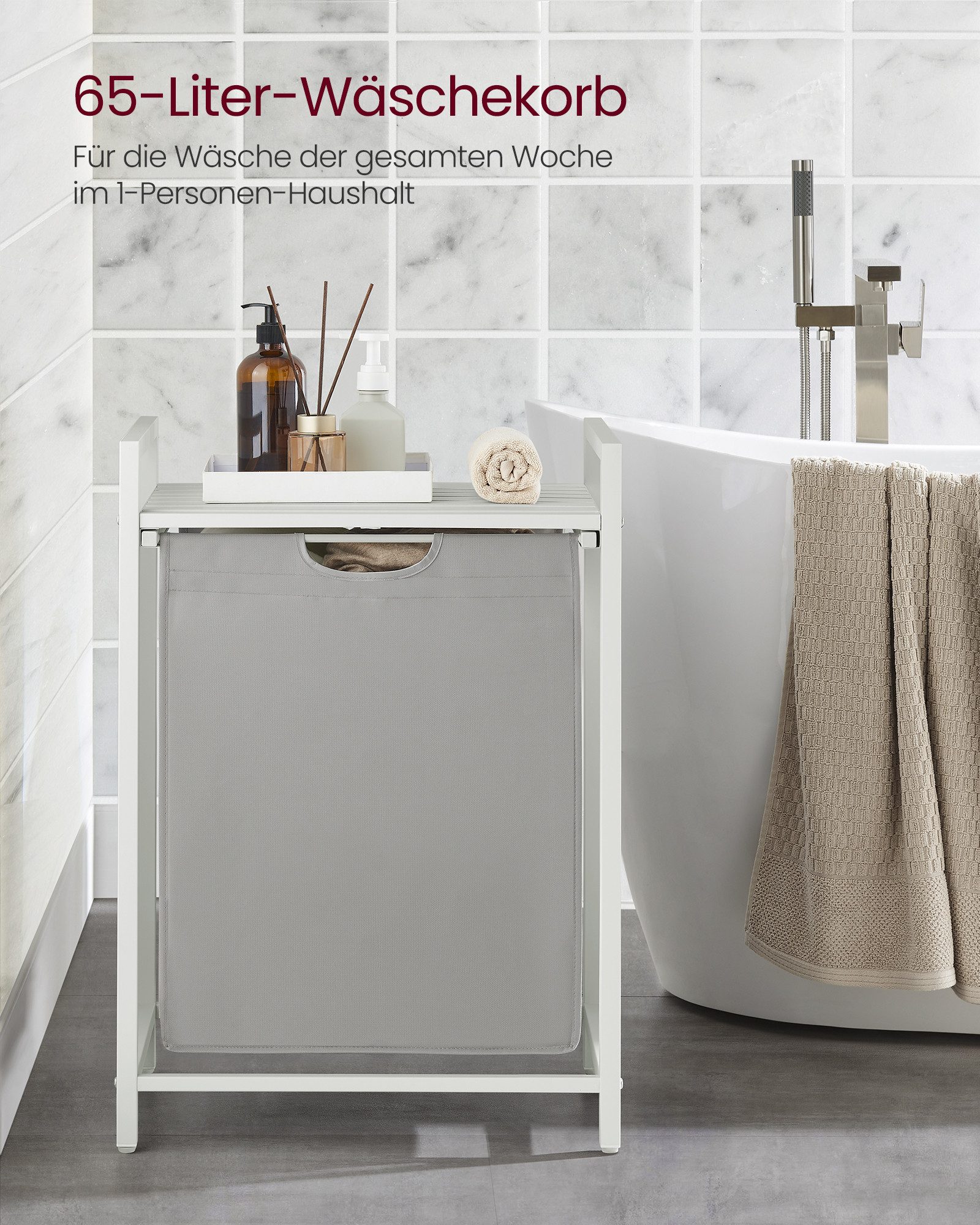 VASAGLE Wäschekorb Wäschesammler mit Ablage, Wäschesack abnehmbar, 65 L, 50 x 33 x 72 cm, Wäschebox, Metallrahmen, taubengrau – Bild 3 von 5