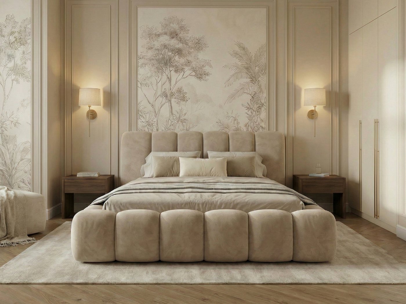 yourhouse24 Polsterbett DALLAS Slim Bubble-Design aus Samt, inkl. Bettkasten, Platzsparendes Chunky-Bett aus weichem Velours mit HDF-Boden