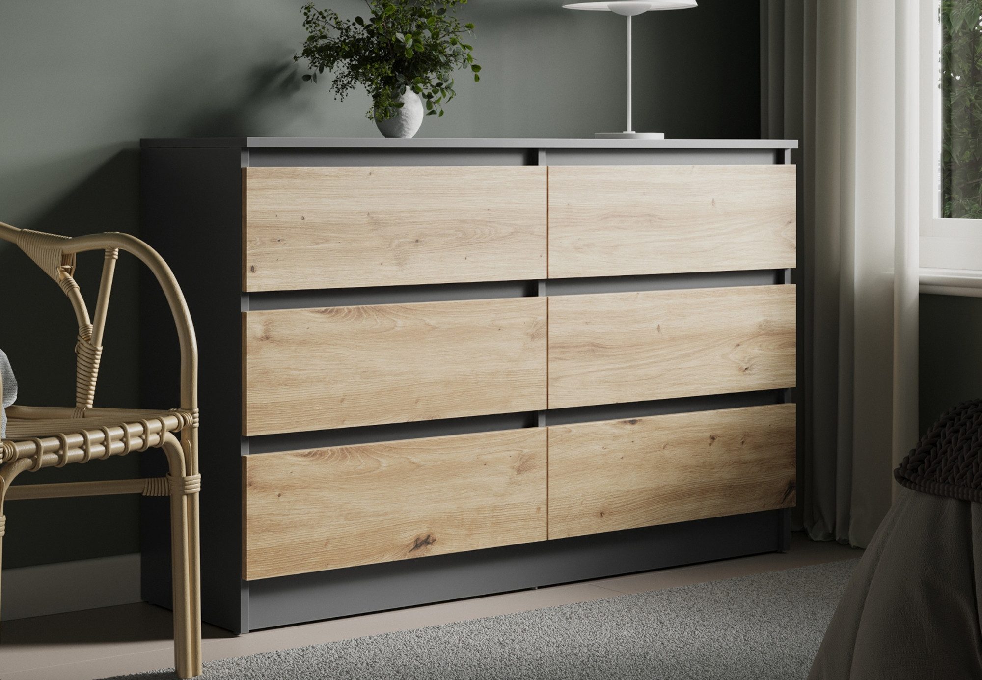Home Collective Kommode mit 6 Schublade 80, 100, 120, 140 cm breit Holz Schrank (Highboard Anrichte Schlafzimmer Wohnzimmer Flur Büro Organizer), Kommode 120 cm breit Kommode Sideboard, Anthrazit mix Artisan-Eiche