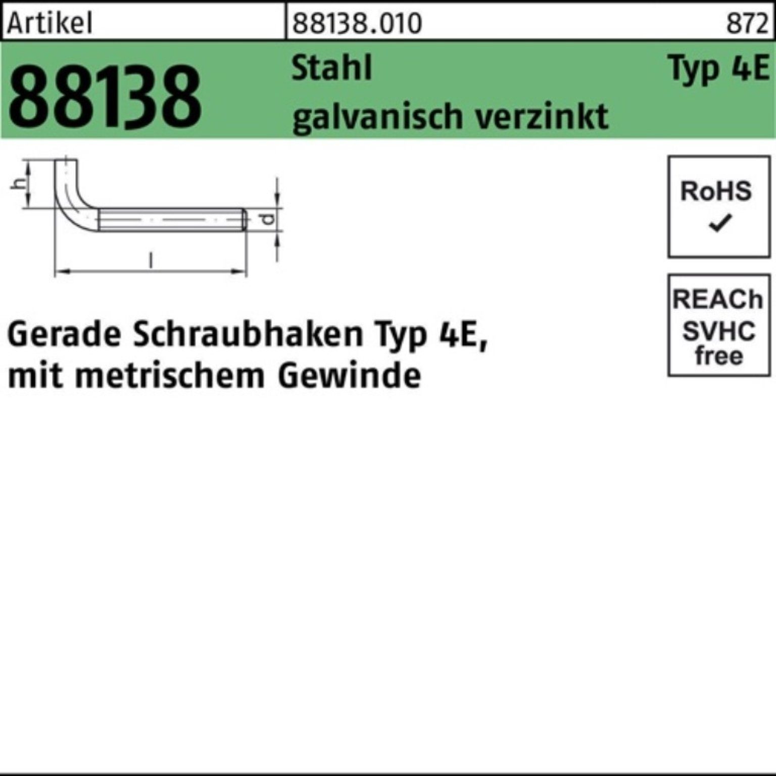 Reyher Schraubhaken 100er Pack Schraubhaken R 88138 Typ 4E gerade M6x60x14 Stahl galv.verz