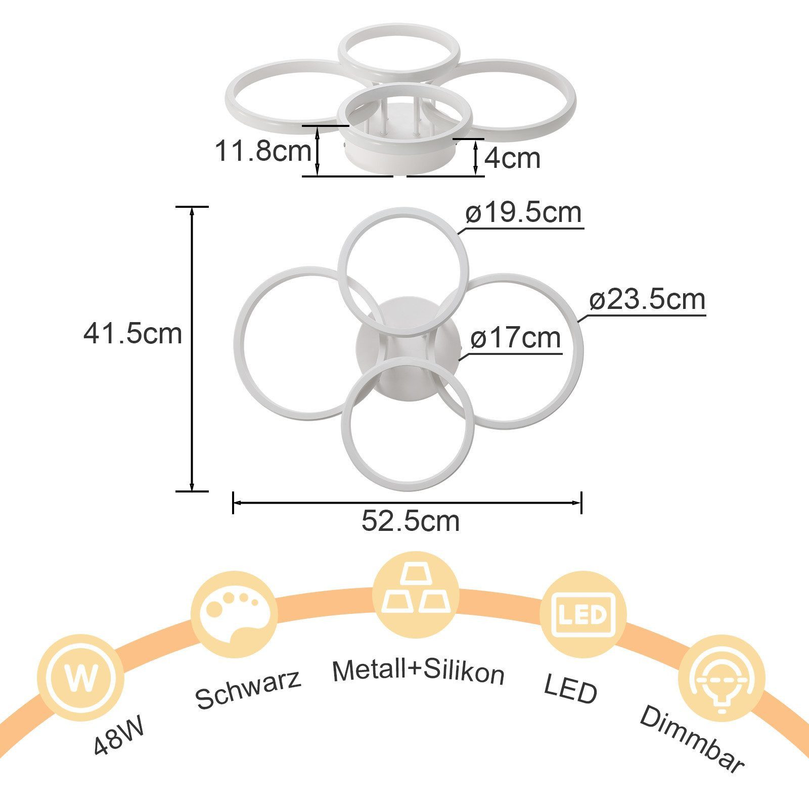 ZMH LED Deckenleuchte 4-Ring Dimmbar Schwarz/ Weiß 48W Wohnzimmerlampe, LED fest integriert, warmweiß, neutralweiß, kaltweiß, LED dimmbar moderne Schlafzimmerlampe