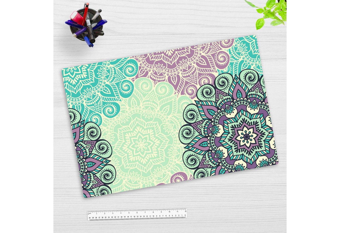 Thumbnail - cover-your-desk.de Schreibtischunterlage abwaschbar - Mandala grün-türkis - premium Vinyl - Made in Germany, (1 tlg)