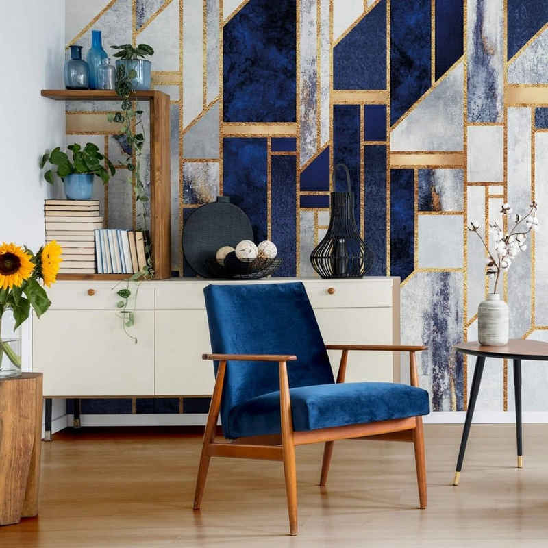 K&L Wall Art Fototapete Große Vliestapete XXL Art Deco geometrisch Gold Blau Vintage, Wohnzimmer Wandschutz