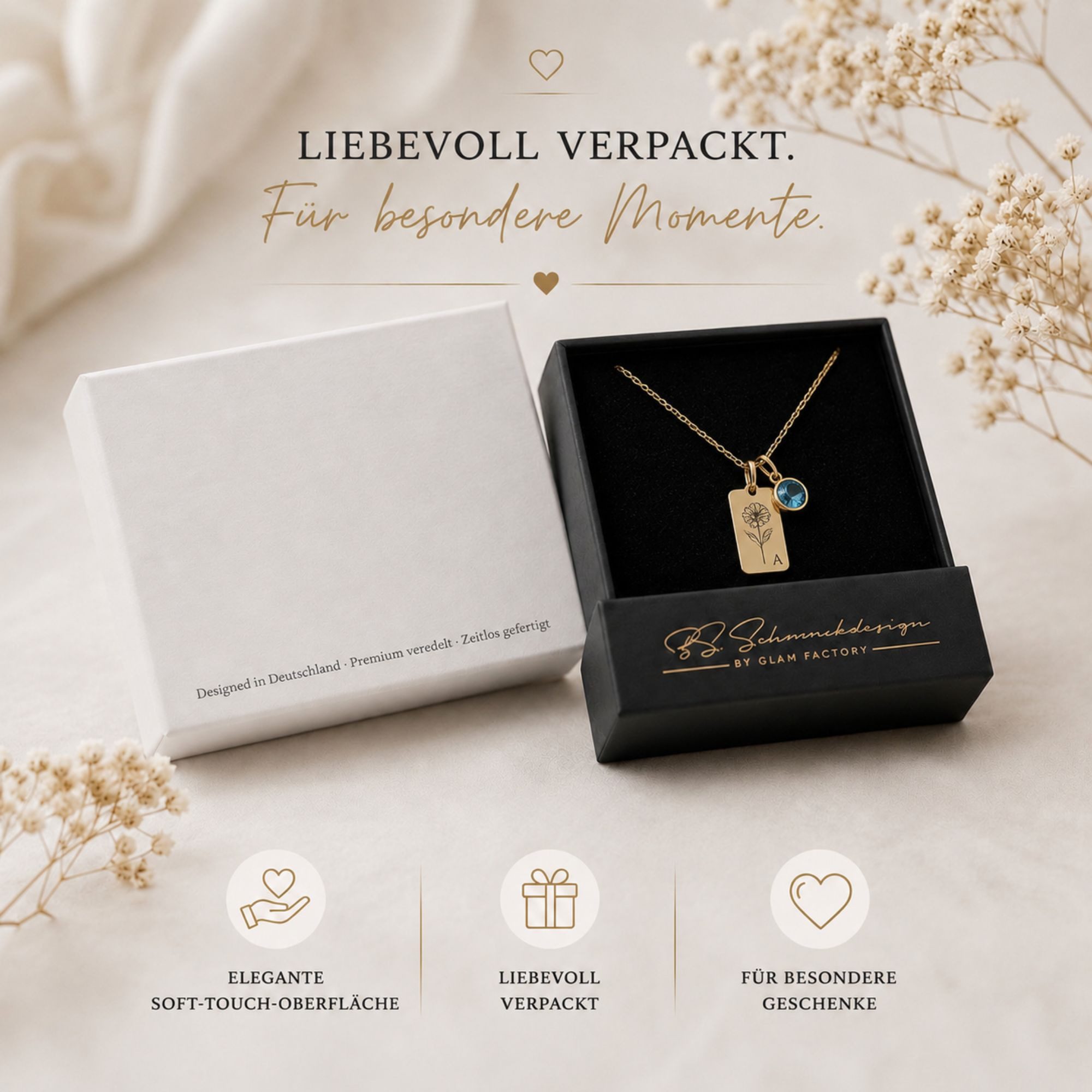 BS Schmuckdesign Kette mit Anhänger mit Gravur Personalisierte Halskette Damen mit Gravur Monatsblume Initiale (inkl. Geburtsstein), inkl. Geschenkbox – Bild 5 von 5