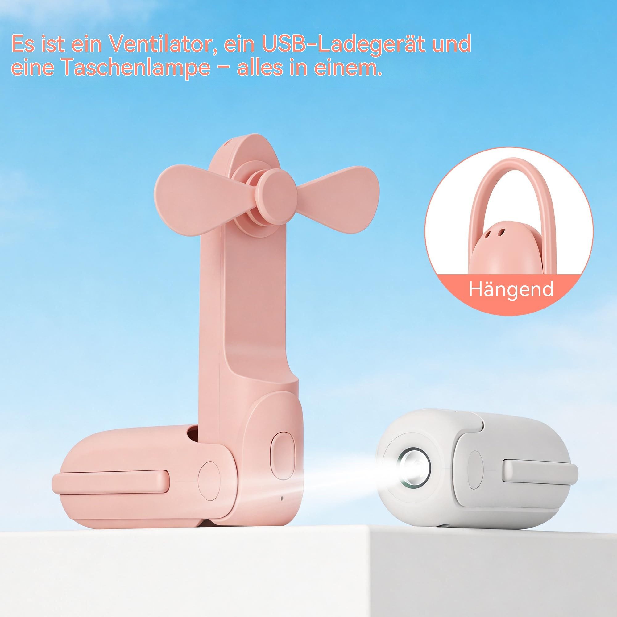 nsihing Handventilator Tragbarer Handventilator,drei Geschwindigkeitsstufen,per USB aufladbar, 5000mAh Powerbank Mini-Ventilator, 270° klappbar LED-Licht