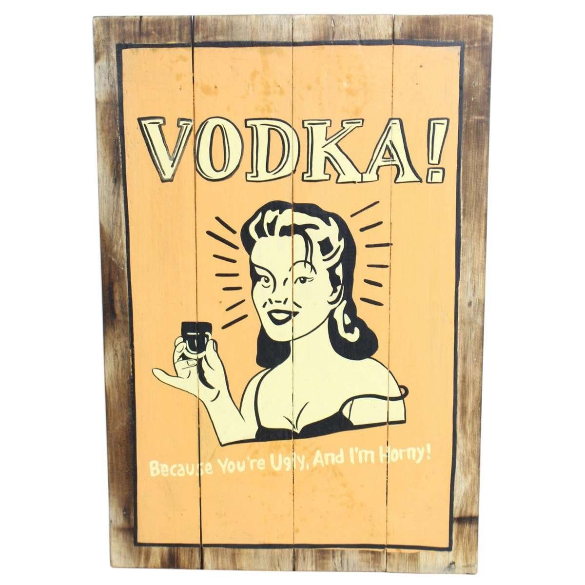 Oriental Galerie Holzbild Lustiges Wandbrett Bar Deko Barkeeper 60 cm Vodka, Schriftzug Vodka mit Frau (1 St), Handarbeit orange