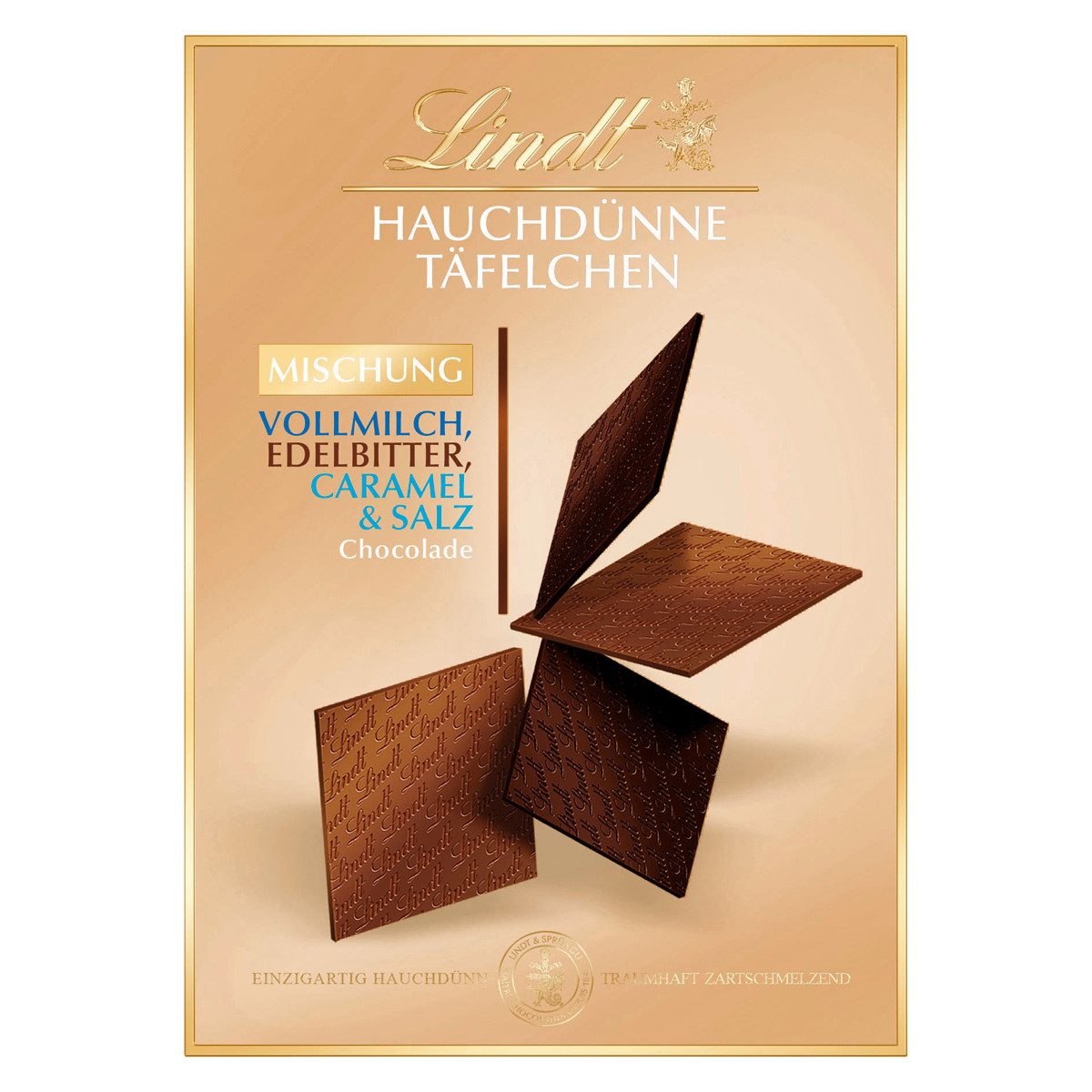LINDT Schokolade, Lindt Hauchdünne Täfelchen Mix Vollmilch Edelbitter Caramel Salz 125g