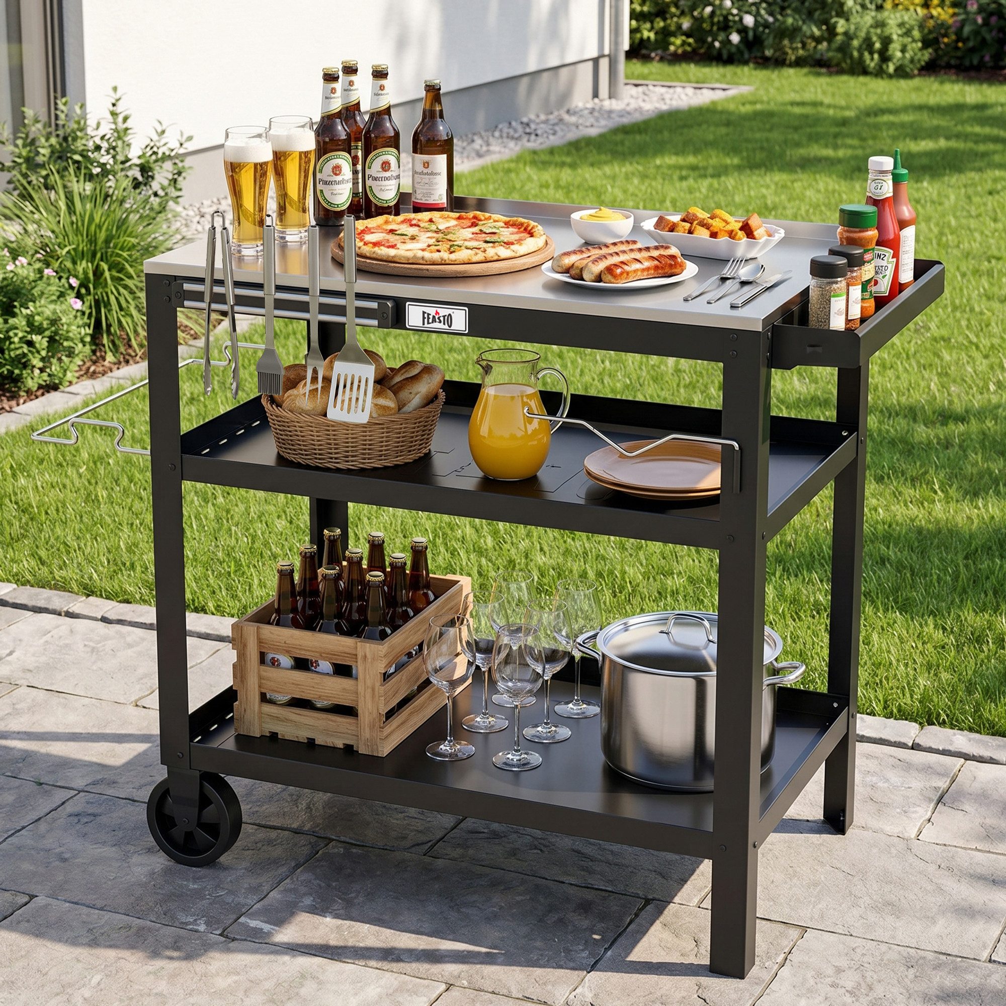 Feasto Servierwagen mit Edelstahl-Arbeitsplatte, Outdoor Grillablagetisch 90x46x82,5 cm, Mobiler Grilltisch für Terrasse, Küche und Garten