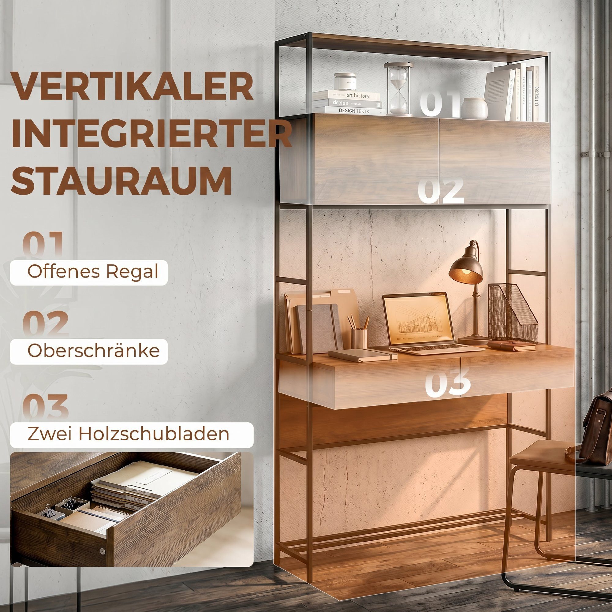 HOMCOM Schreibtisch Computertisch Bürotisch mit Regalen und Türen (Set, 1-St., 1 Tisch), für Homeoffice, Wohnzimmer, Braun – Bild 4 von 5