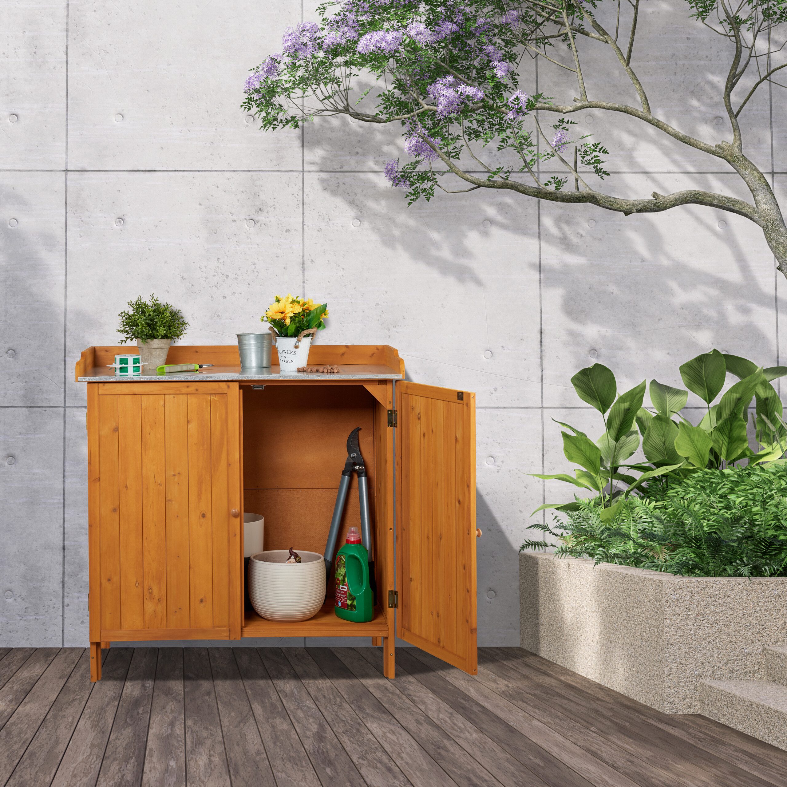 relaxdays Pflanztisch mit Unterschrank, Orange günstig online kaufen