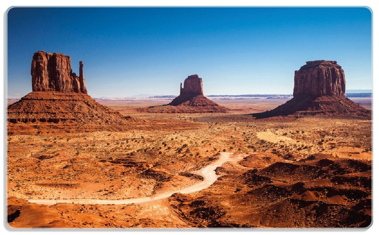 Wallario Frühstücksbrett Monument Valley unter blauem Himmel, ESG-Sicherheitsglas, (inkl. rutschfester Gummifüße 4mm, 1-St), 14x23cm