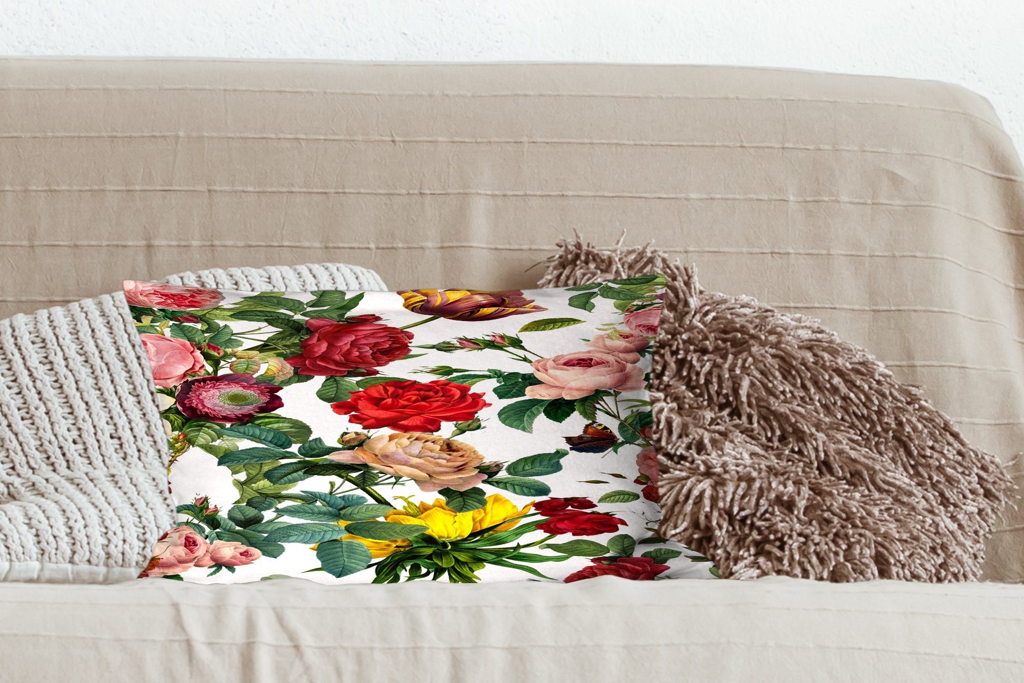 Blumen Schlafzimmer MuchoWow - Dekoration, - Wohzimmer Zierkissen, - Dekokissen Weiß, Füllung, mit Rosa Rot Dekokissen