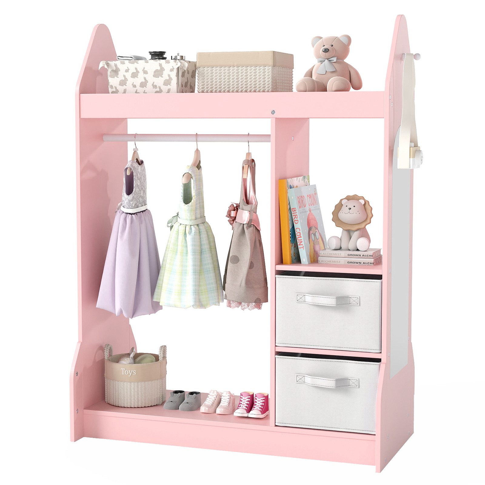 KOMFOTTEU Kleiderständer, Kinderkleiderschrank Kindergarderobe mit Spiegel & Kleiderstange