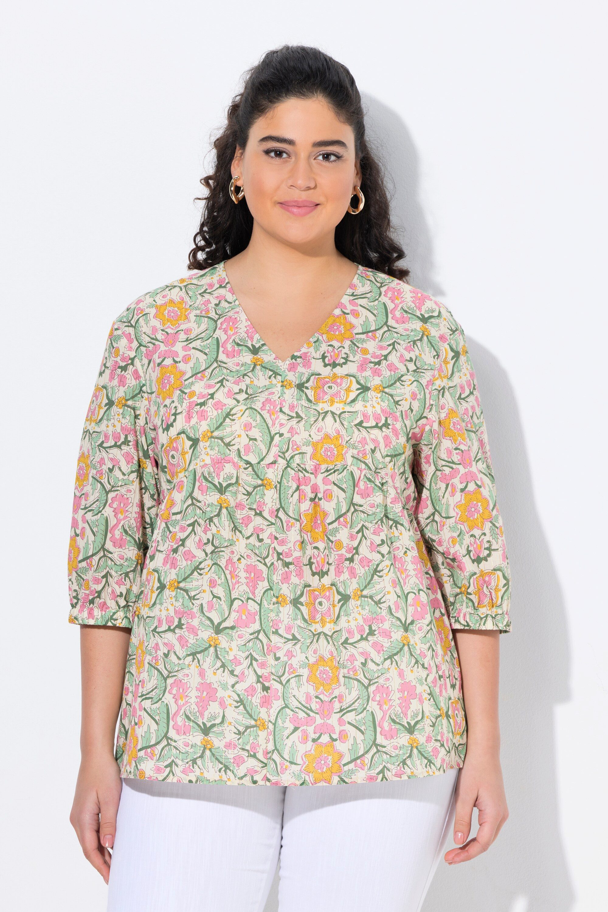 Ulla Popken Tunika Bluse Blüten A-Linie V-Ausschnitt 3/4-Arm günstig online kaufen