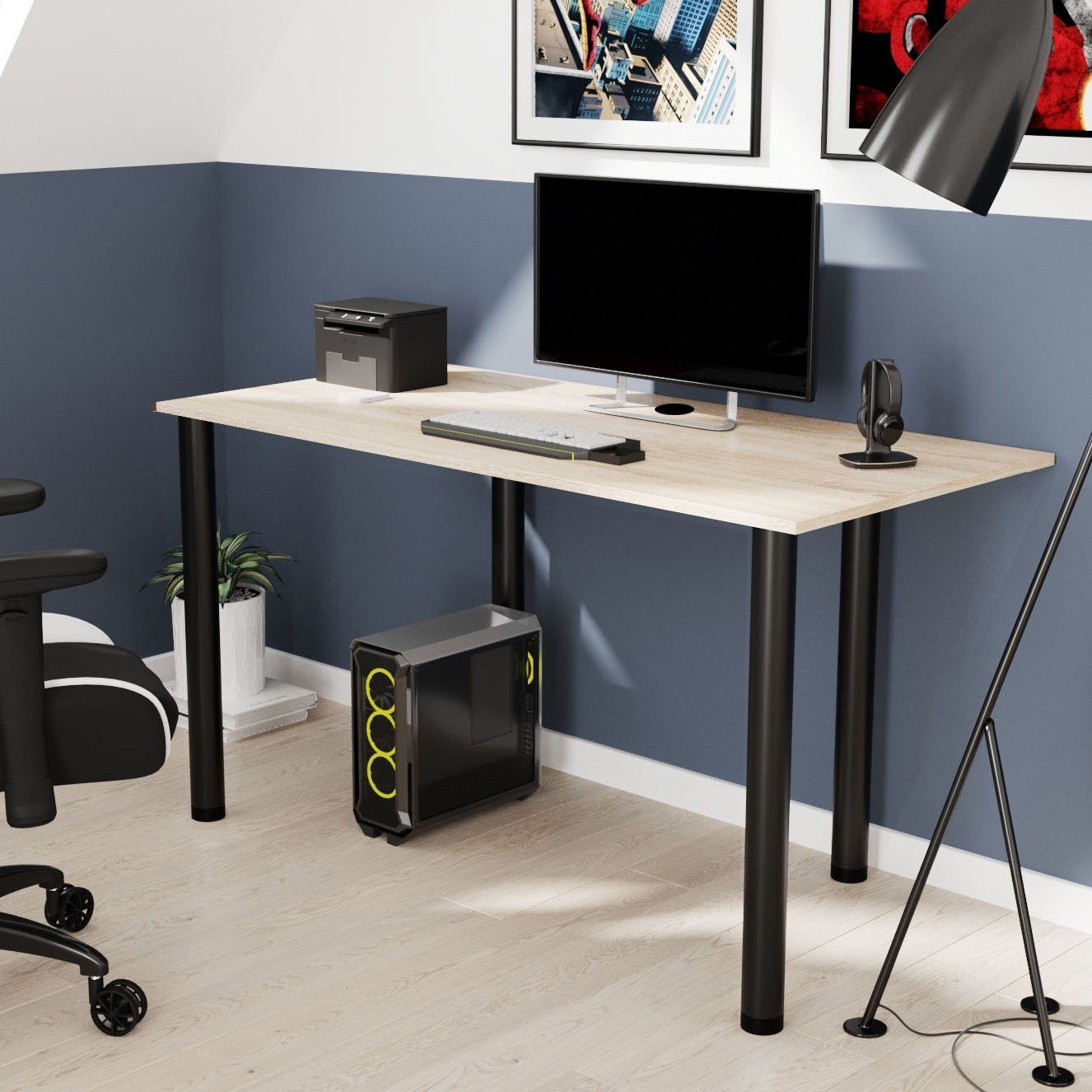 AKKE Schreibtisch, Schreibtisch mit schwarze Beinen 2mm PVC Kantenumleimung Sonoma