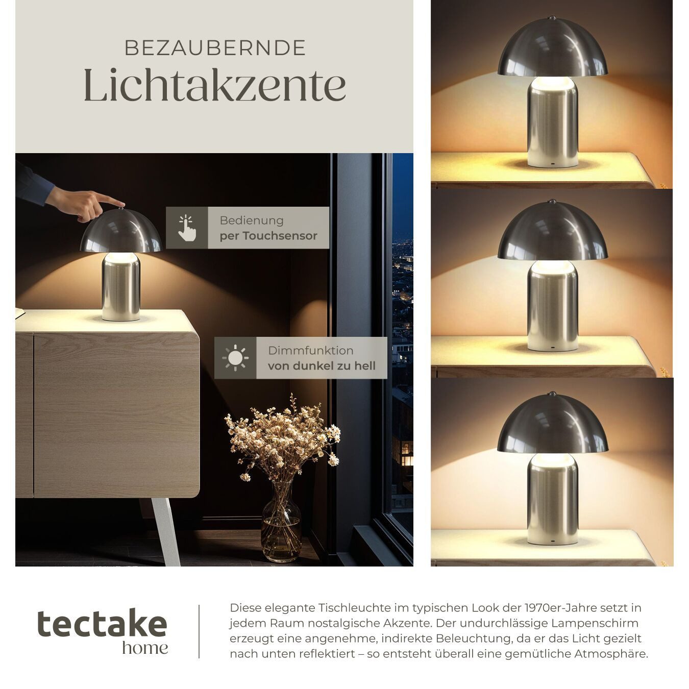 tectake Schreibtischlampe Akku-Tischlampe, Dimmbar, nicht relevant, Kleine Retro-Tischleuchte im angesagten Pilzdesign der 70er-Jahre